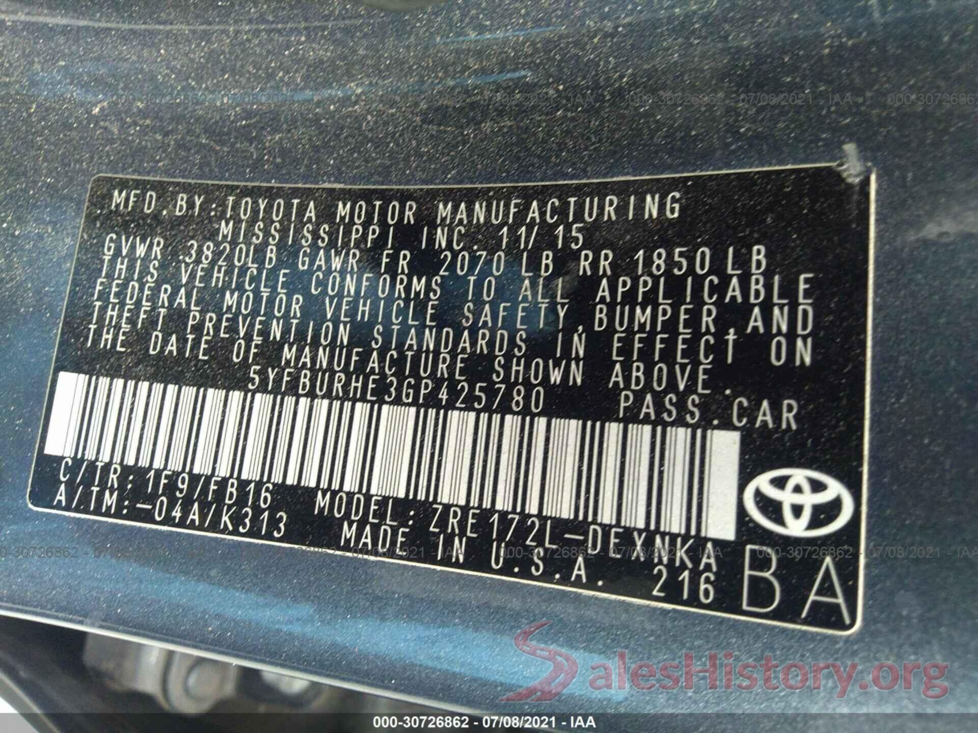 5YFBURHE3GP425780 2016 TOYOTA COROLLA