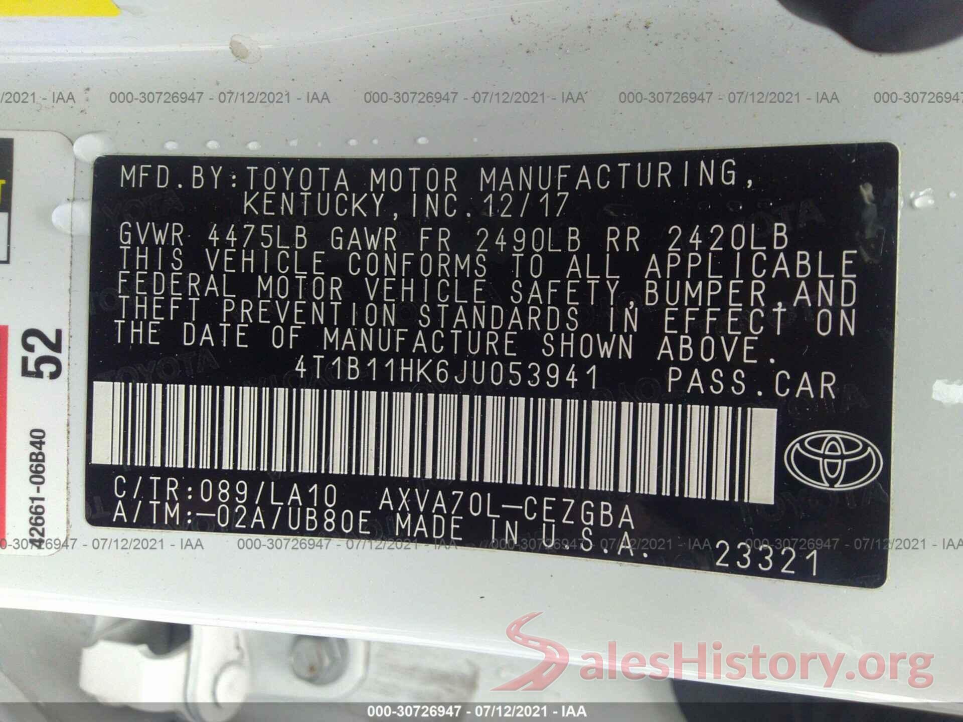 4T1B11HK6JU053941 2018 TOYOTA CAMRY