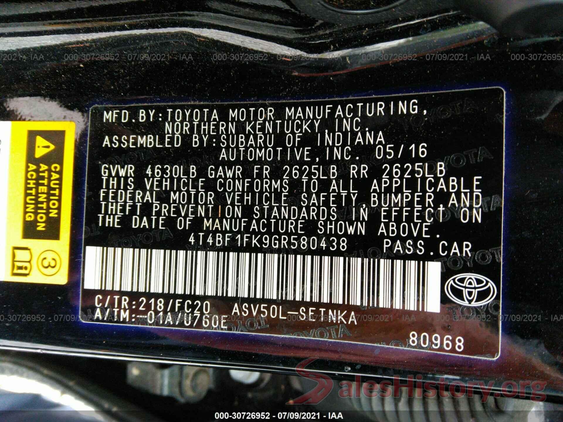 4T4BF1FK9GR580438 2016 TOYOTA CAMRY