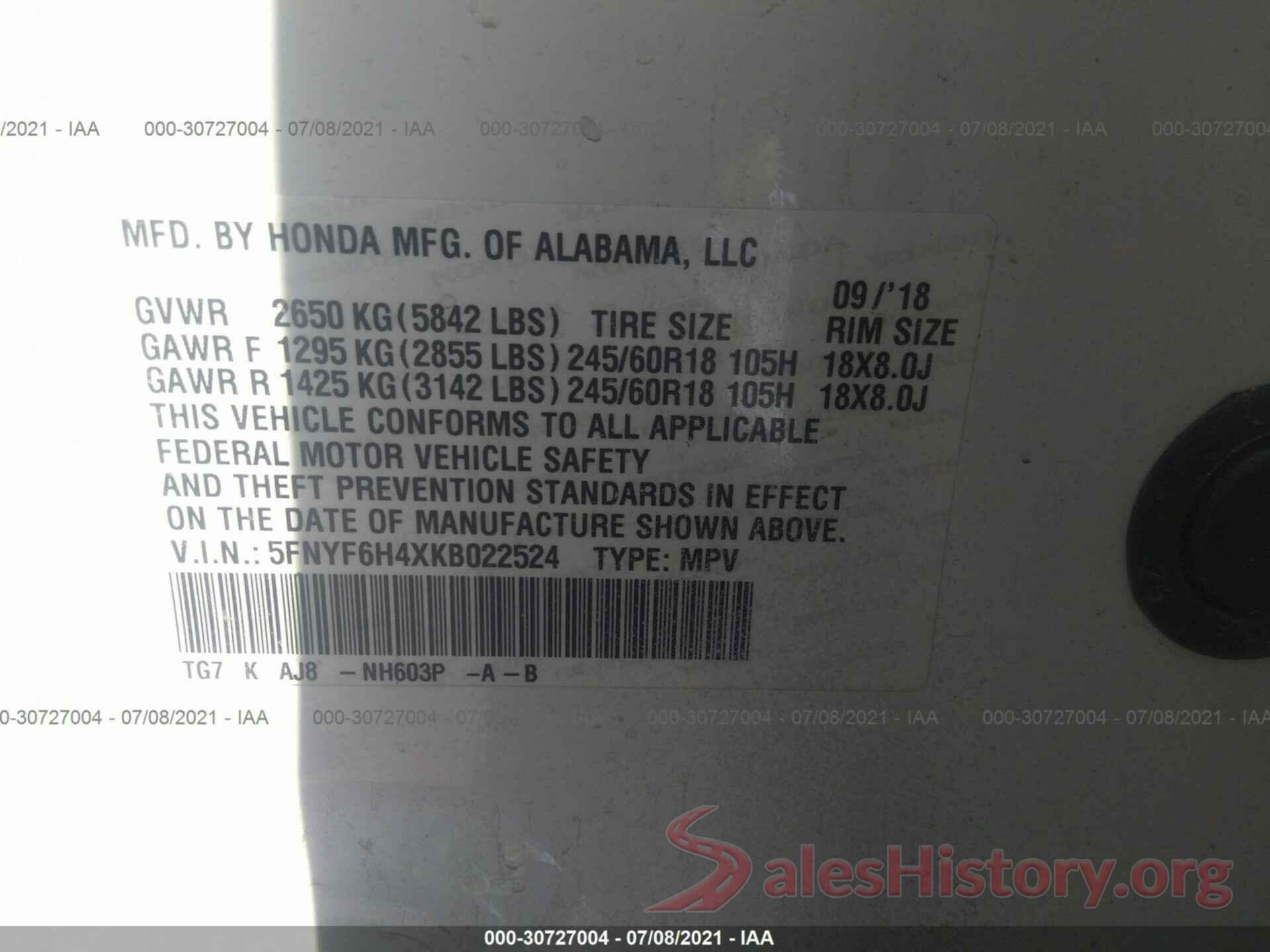 5FNYF6H4XKB022524 2019 HONDA PILOT