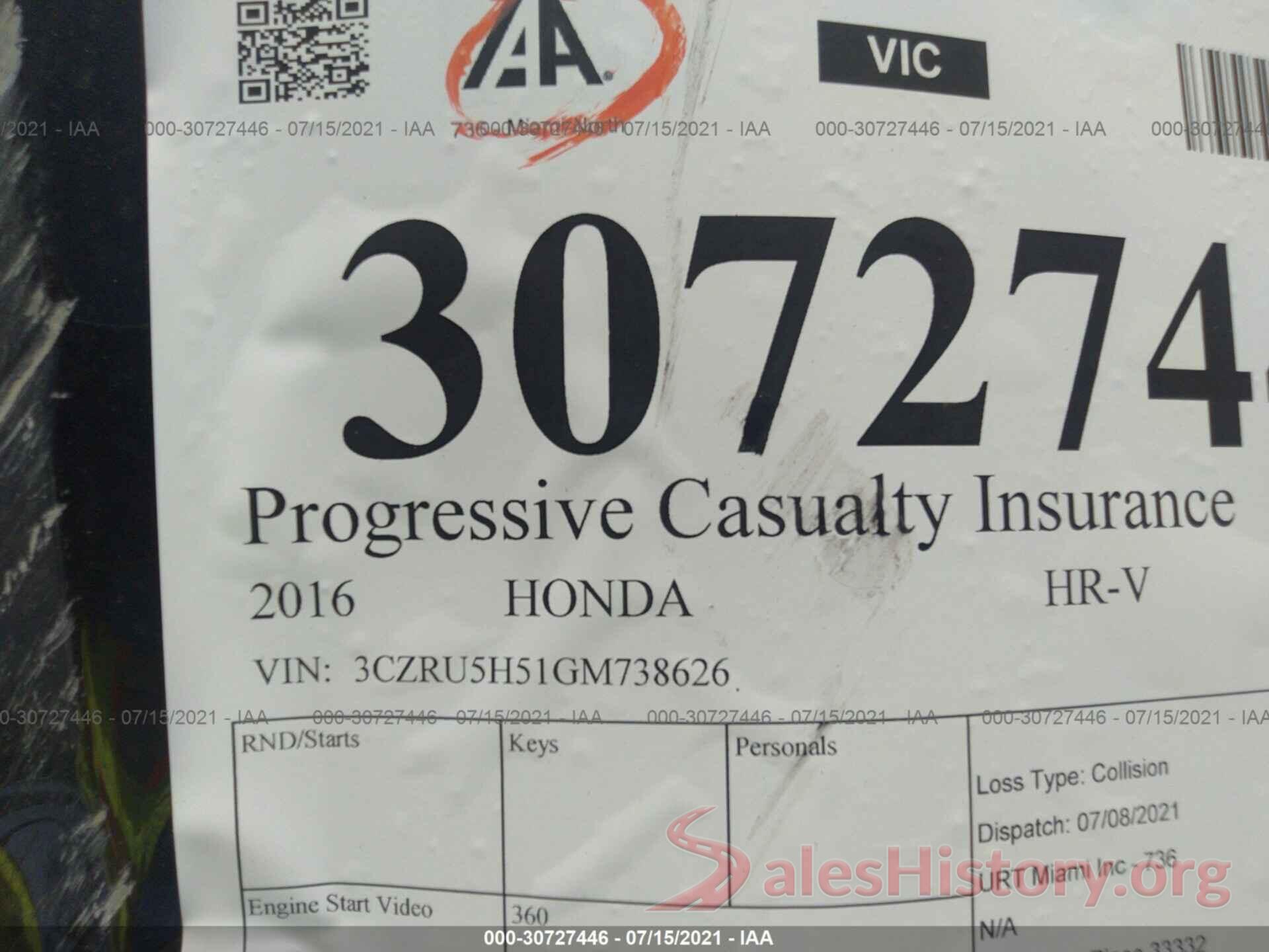 3CZRU5H51GM738626 2016 HONDA HR-V