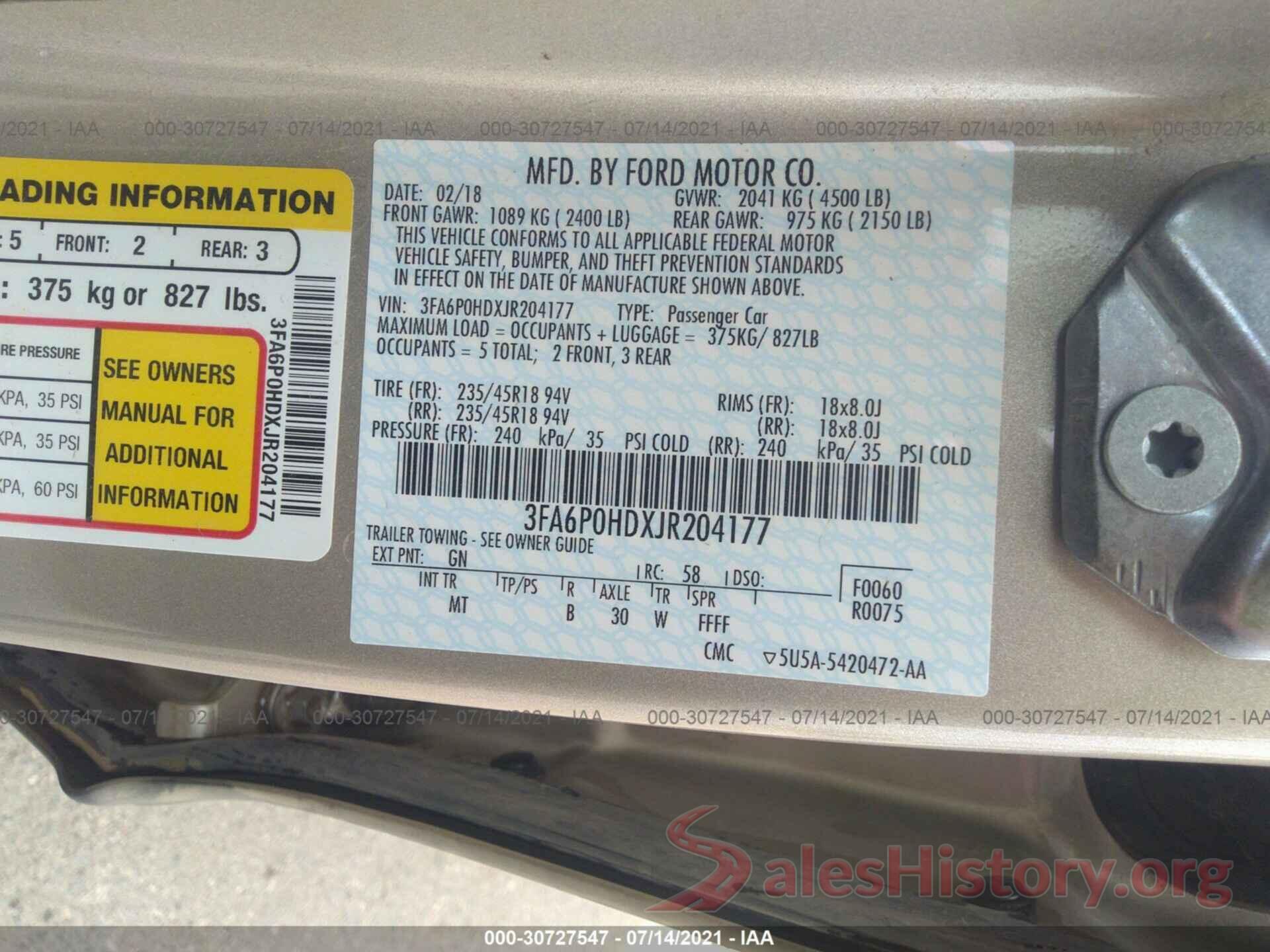 3FA6P0HDXJR204177 2018 FORD FUSION