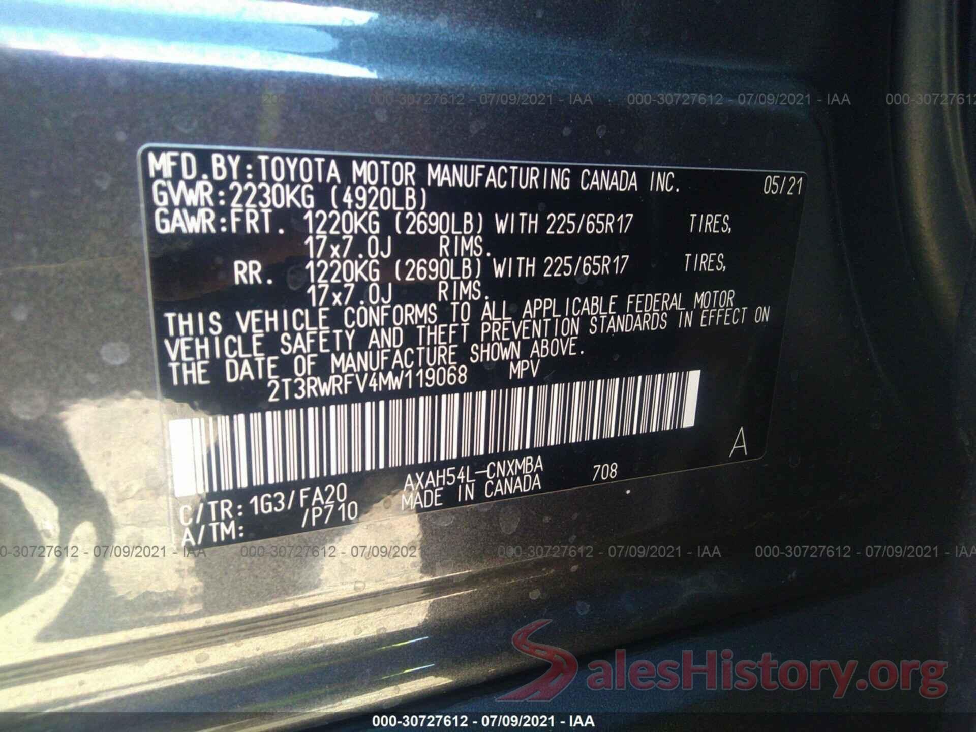 2T3RWRFV4MW119068 2021 TOYOTA RAV4