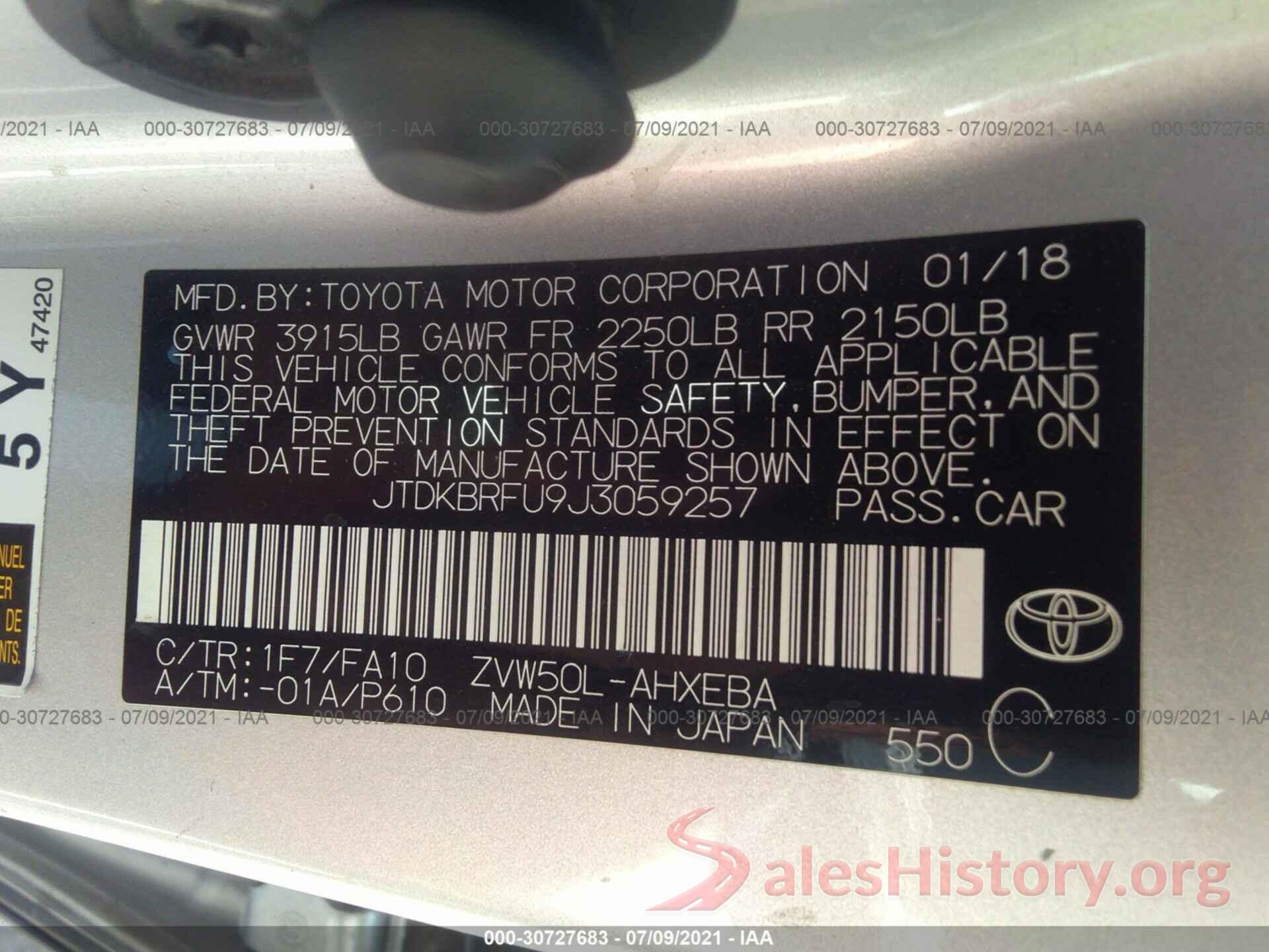 JTDKBRFU9J3059257 2018 TOYOTA PRIUS