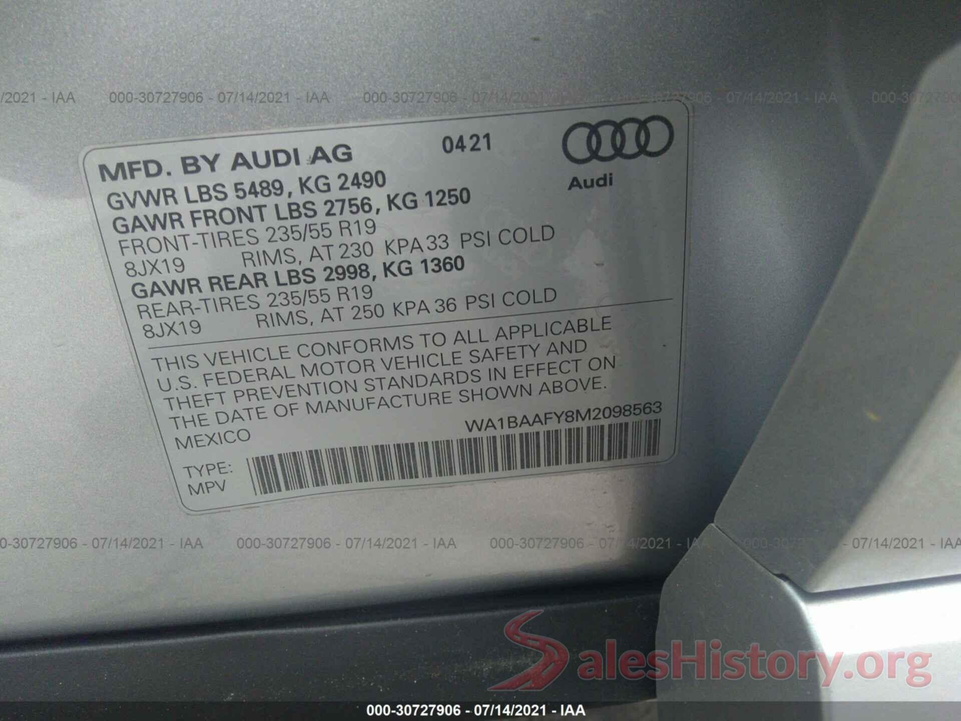 WA1BAAFY8M2098563 2021 AUDI Q5