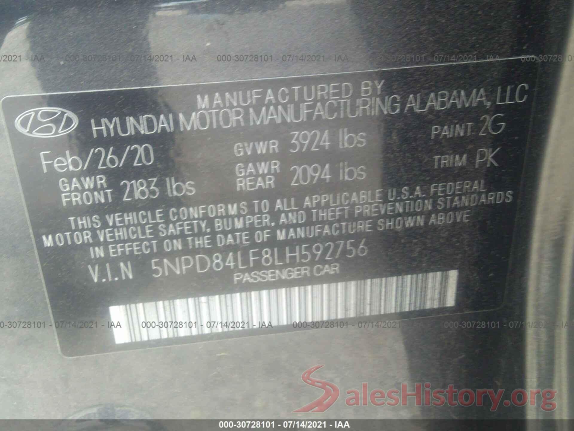 5NPD84LF8LH592756 2020 HYUNDAI ELANTRA