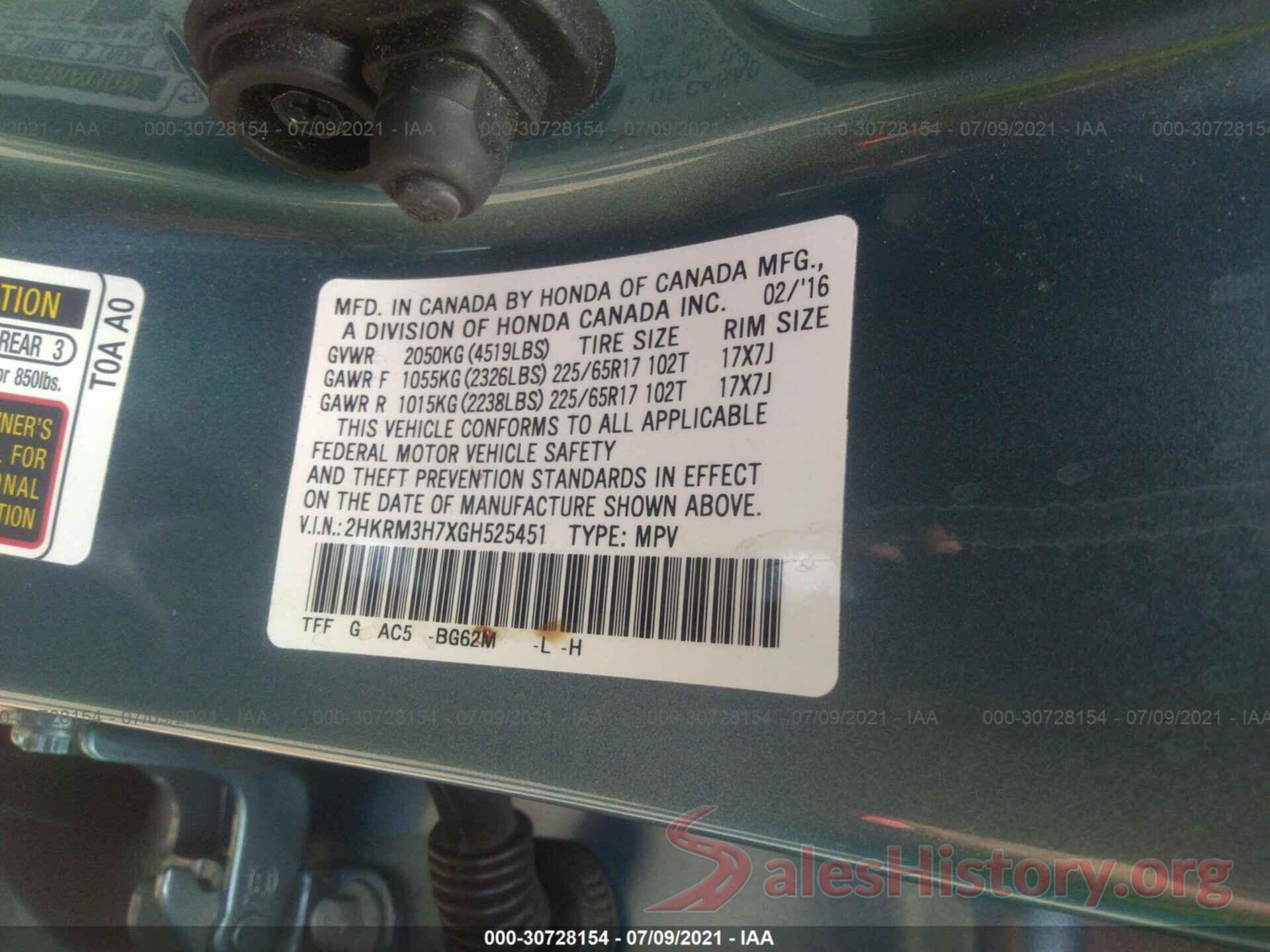 2HKRM3H7XGH525451 2016 HONDA CR-V