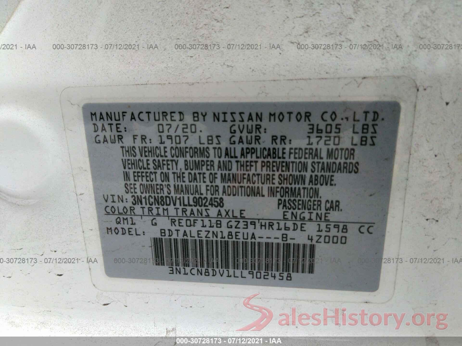 3N1CN8DV1LL902458 2020 NISSAN VERSA