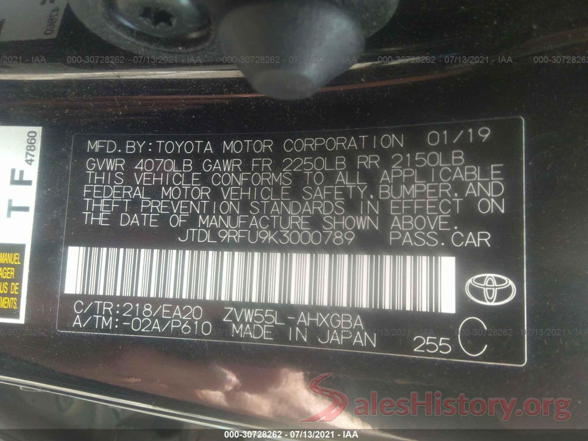 JTDL9RFU9K3000789 2019 TOYOTA PRIUS