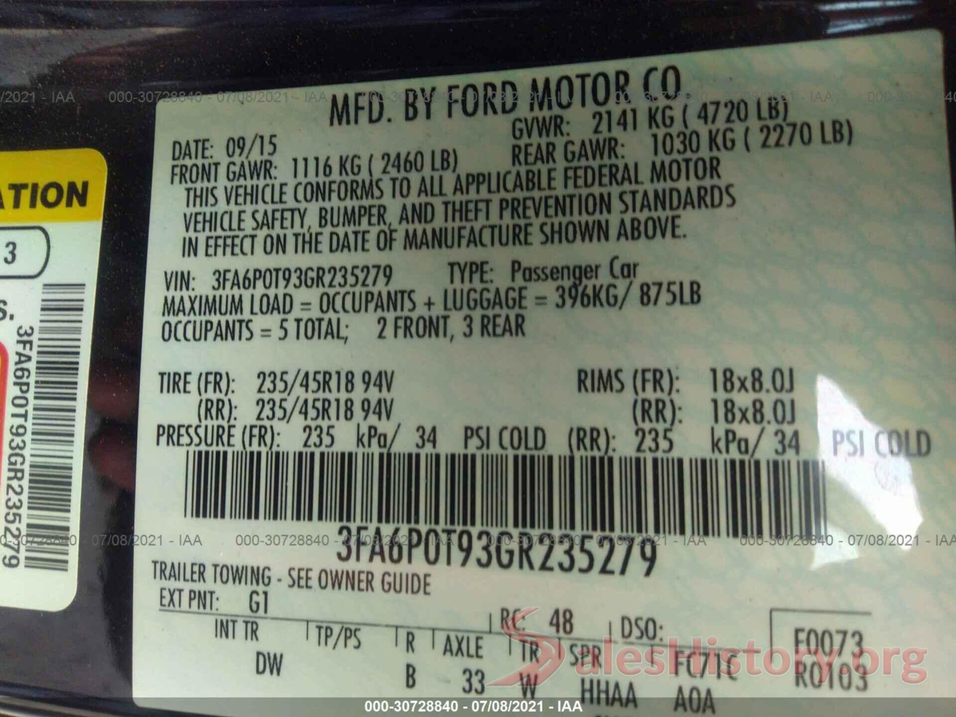 3FA6P0T93GR235279 2016 FORD FUSION