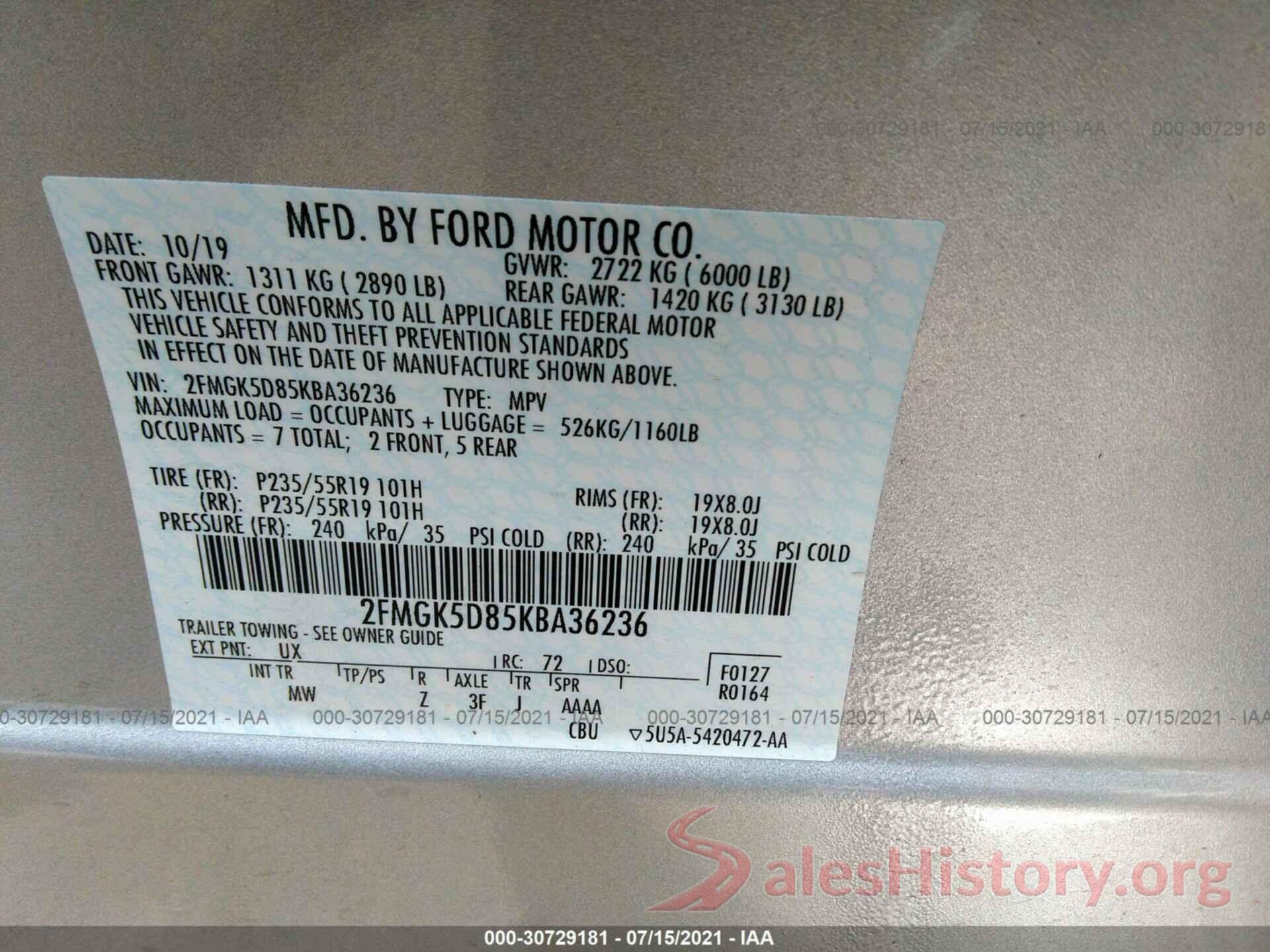 2FMGK5D85KBA36236 2019 FORD FLEX