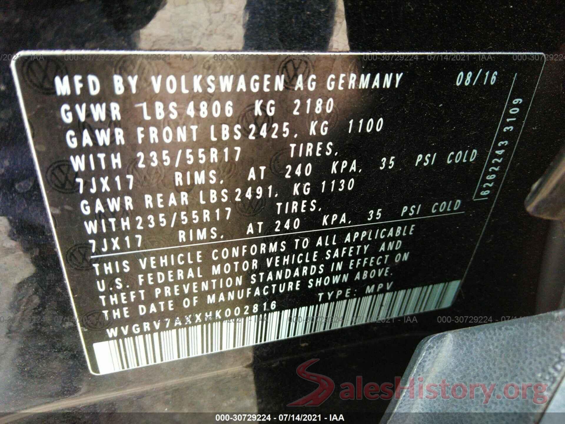 WVGRV7AXXHK002816 2017 VOLKSWAGEN TIGUAN