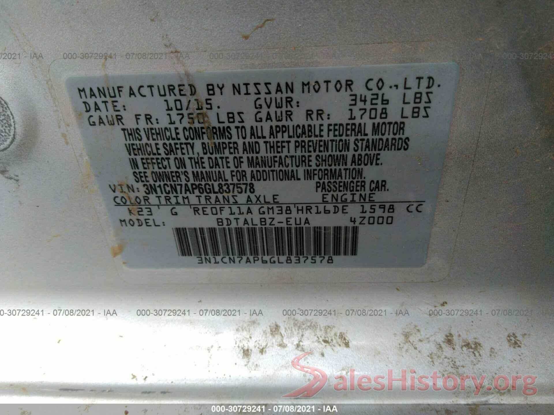 3N1CN7AP6GL837578 2016 NISSAN VERSA