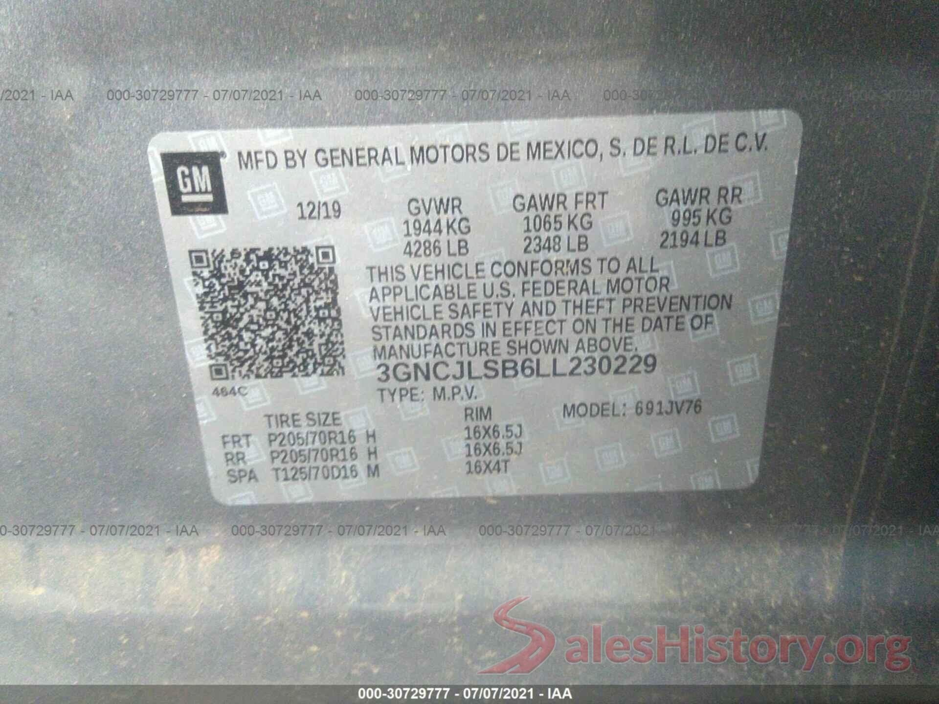 3GNCJLSB6LL230229 2020 CHEVROLET TRAX