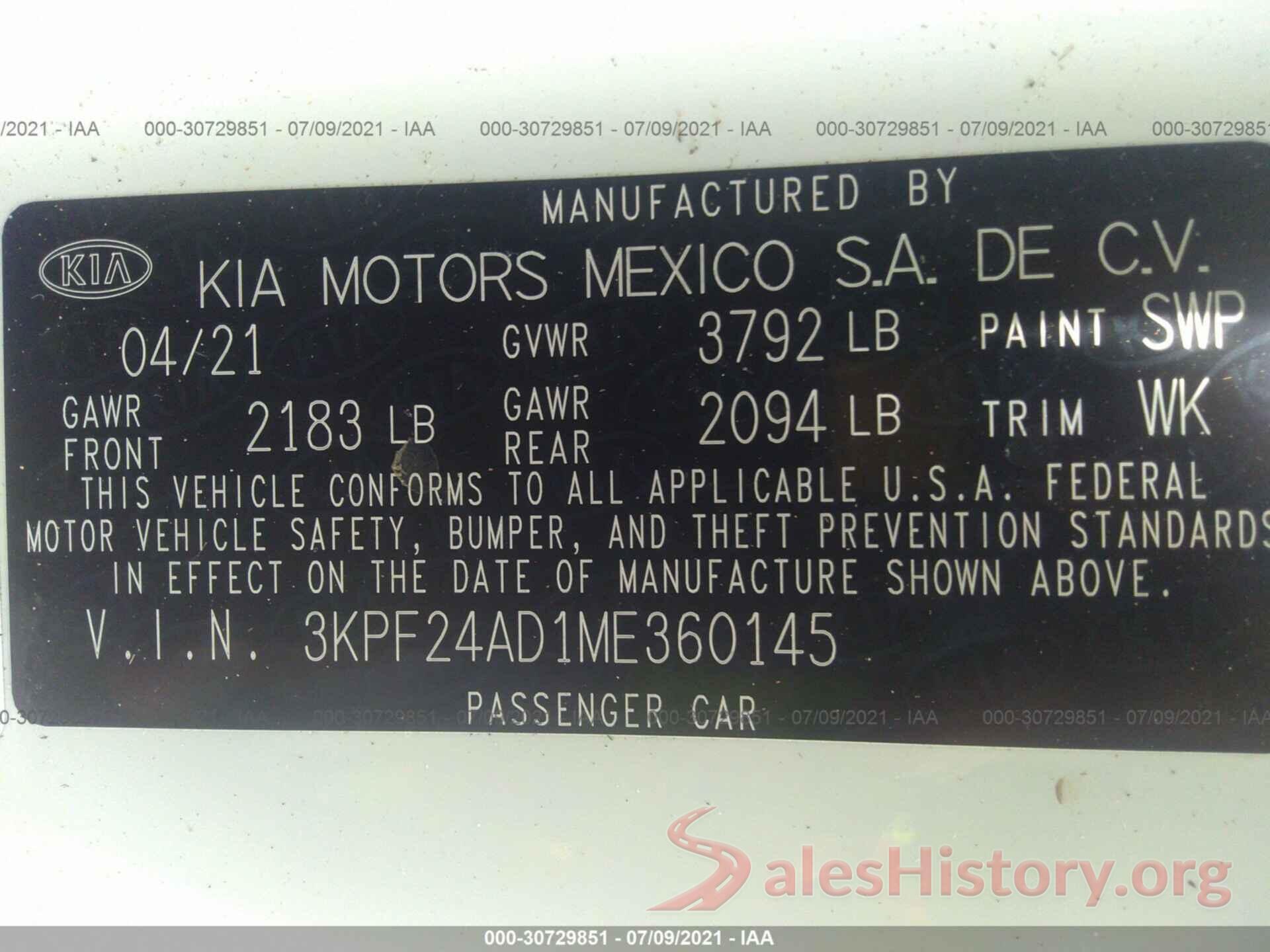 3KPF24AD1ME360145 2021 KIA FORTE