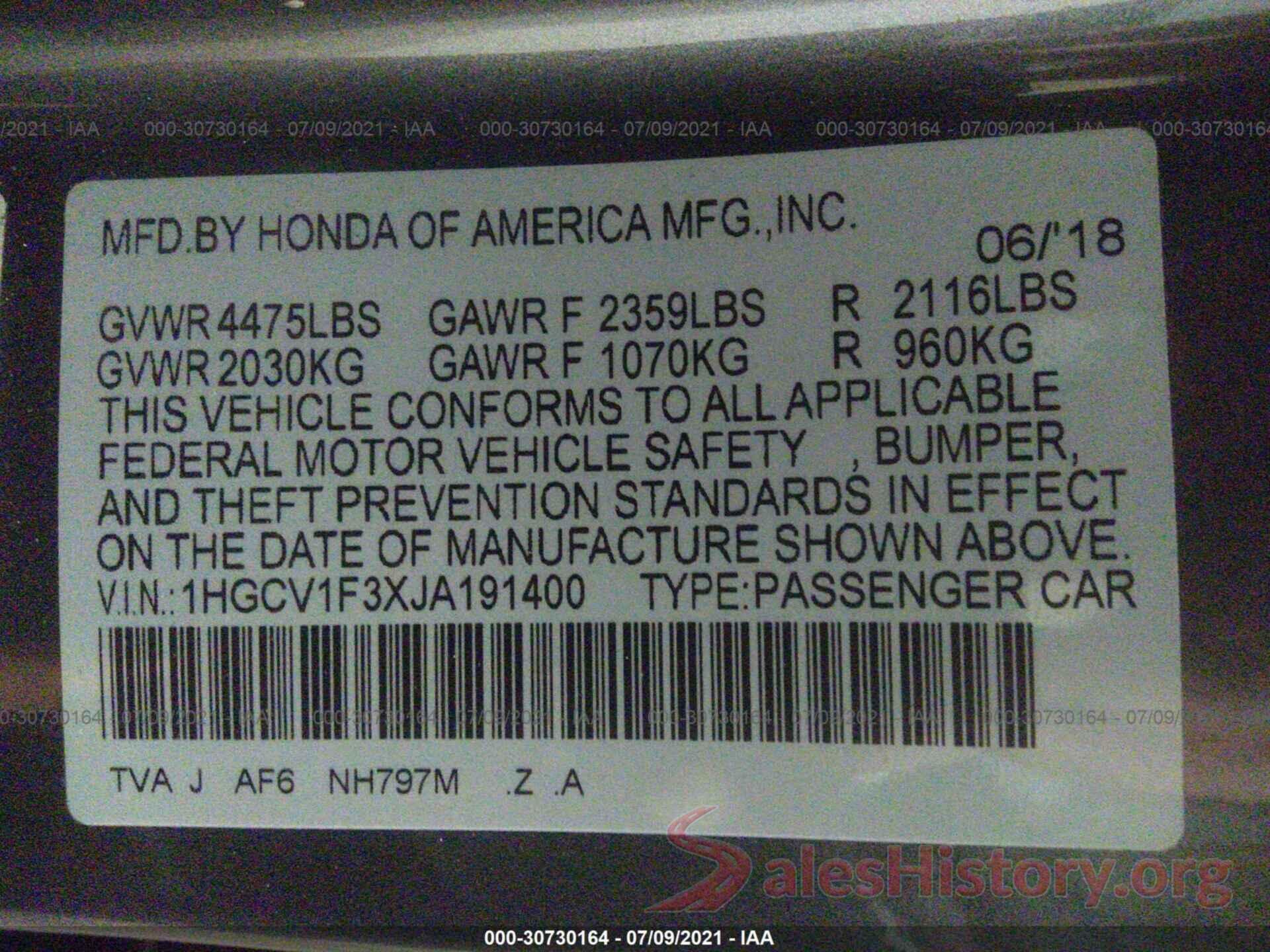 1HGCV1F3XJA191400 2018 HONDA ACCORD SEDAN