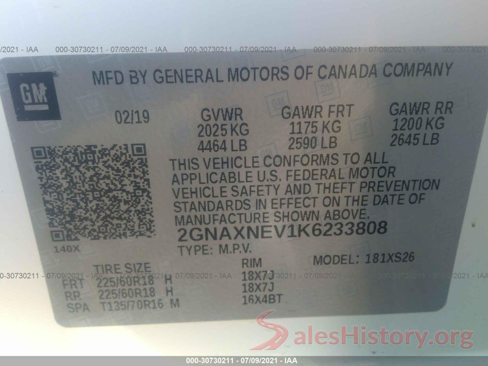 2GNAXNEV1K6233808 2019 CHEVROLET EQUINOX