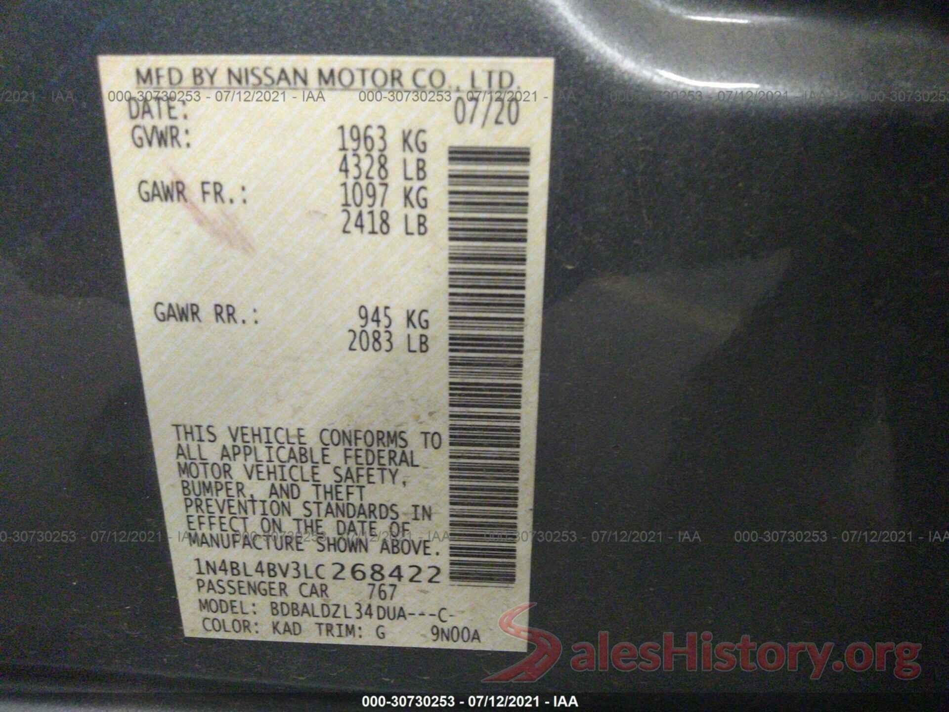 1N4BL4BV3LC268422 2020 NISSAN ALTIMA