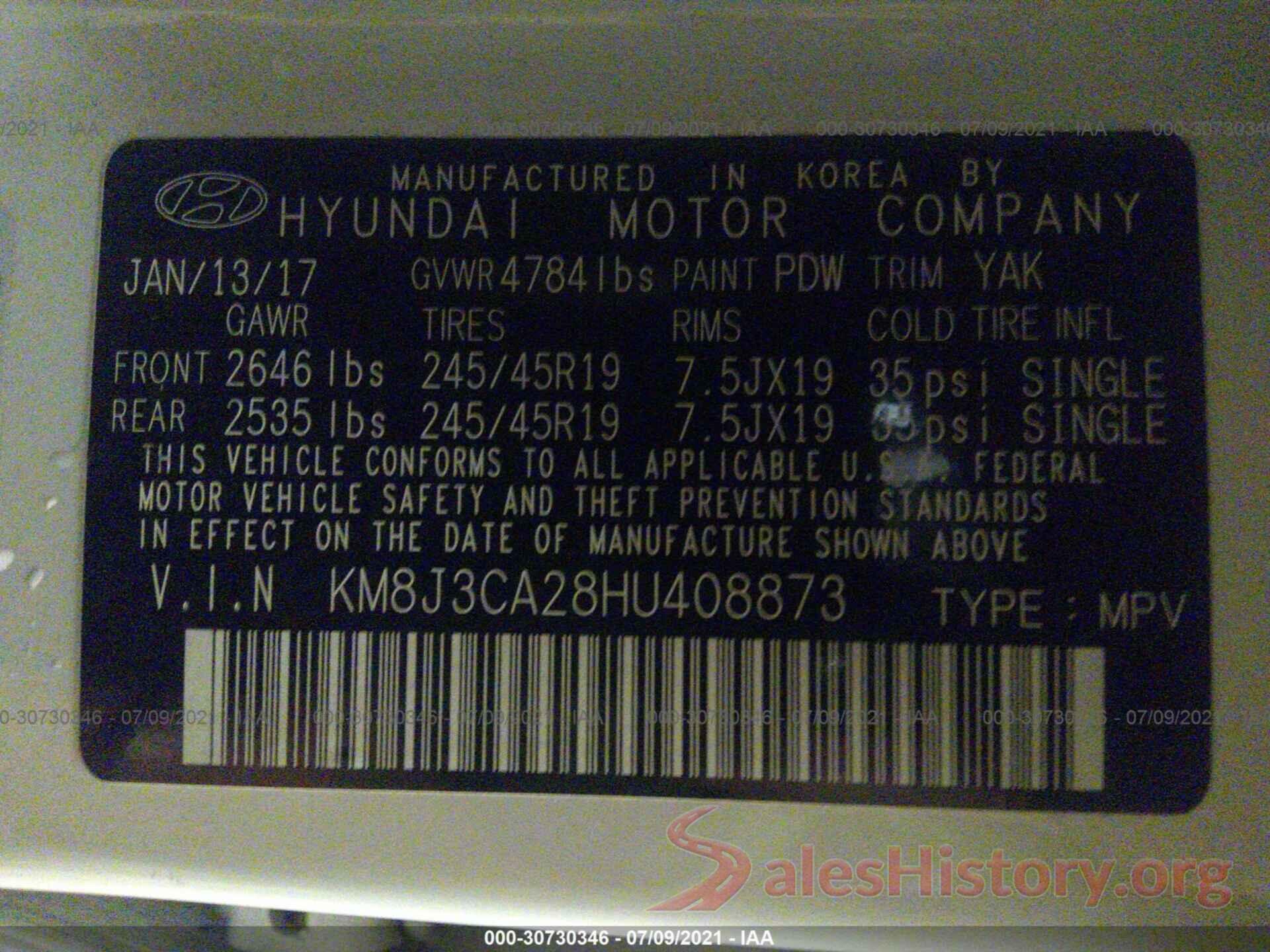 KM8J3CA28HU408873 2017 HYUNDAI TUCSON