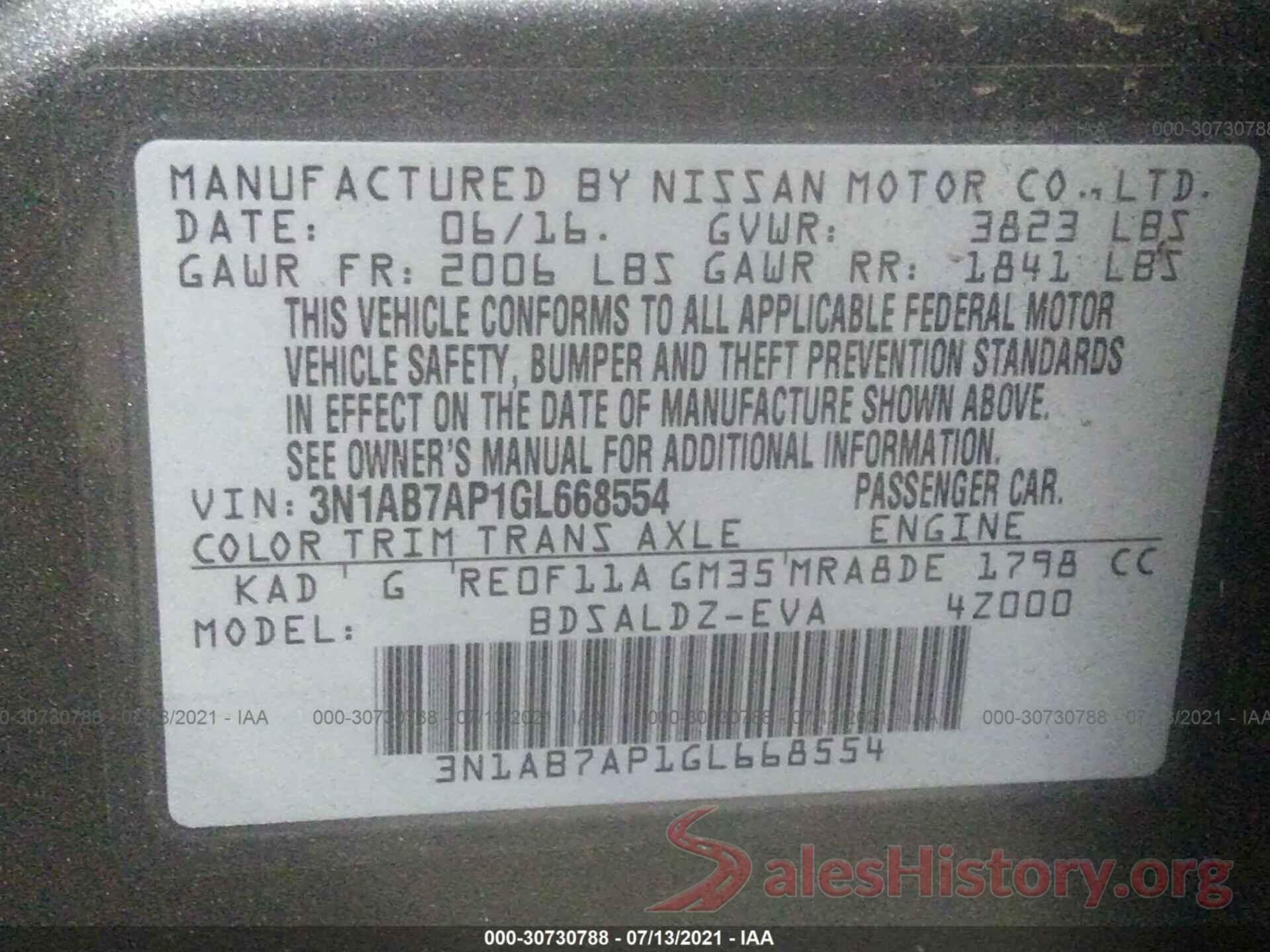 3N1AB7AP1GL668554 2016 NISSAN SENTRA