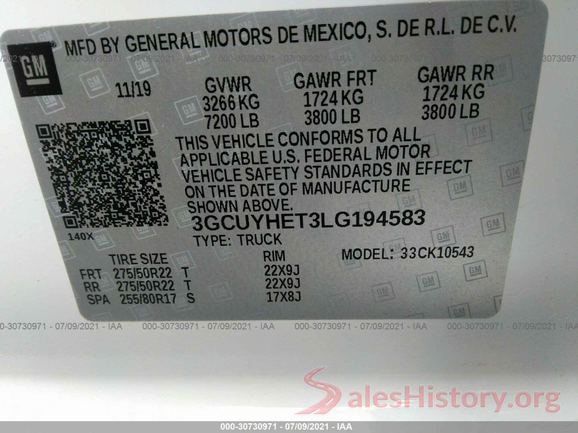 3GCUYHET3LG194583 2020 CHEVROLET SILVERADO 1500