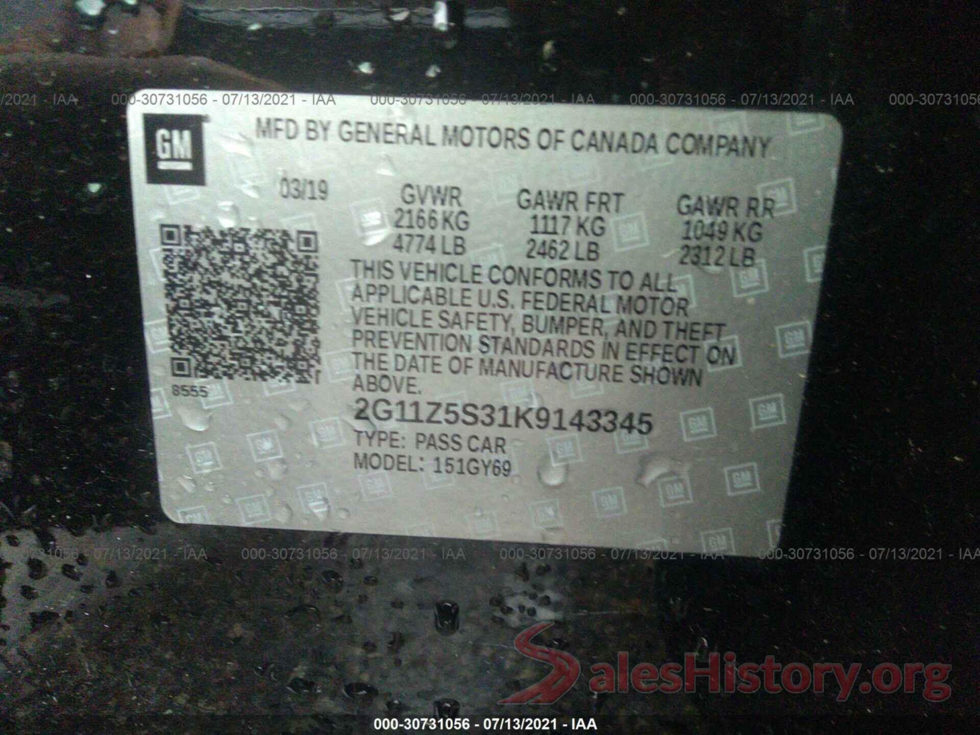 2G11Z5S31K9143345 2019 CHEVROLET IMPALA