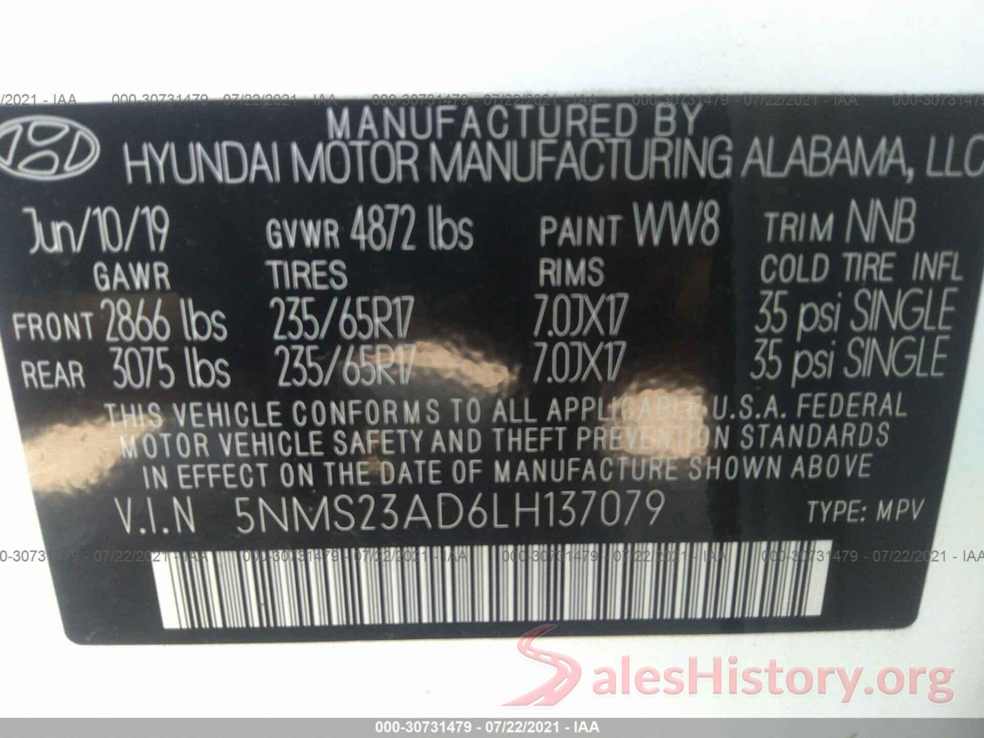 5NMS23AD6LH137079 2020 HYUNDAI SANTA FE