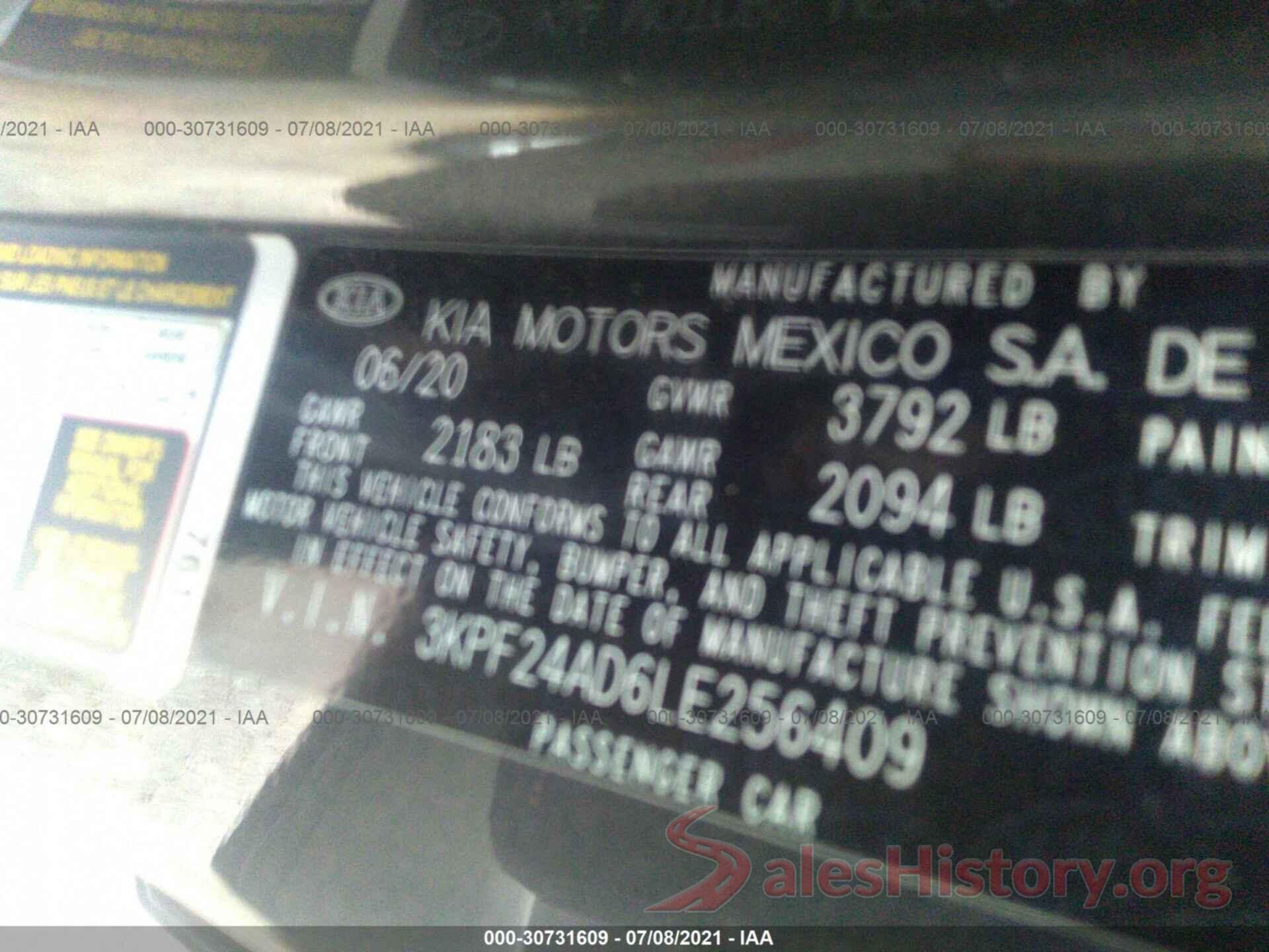 3KPF24AD6LE256409 2020 KIA FORTE