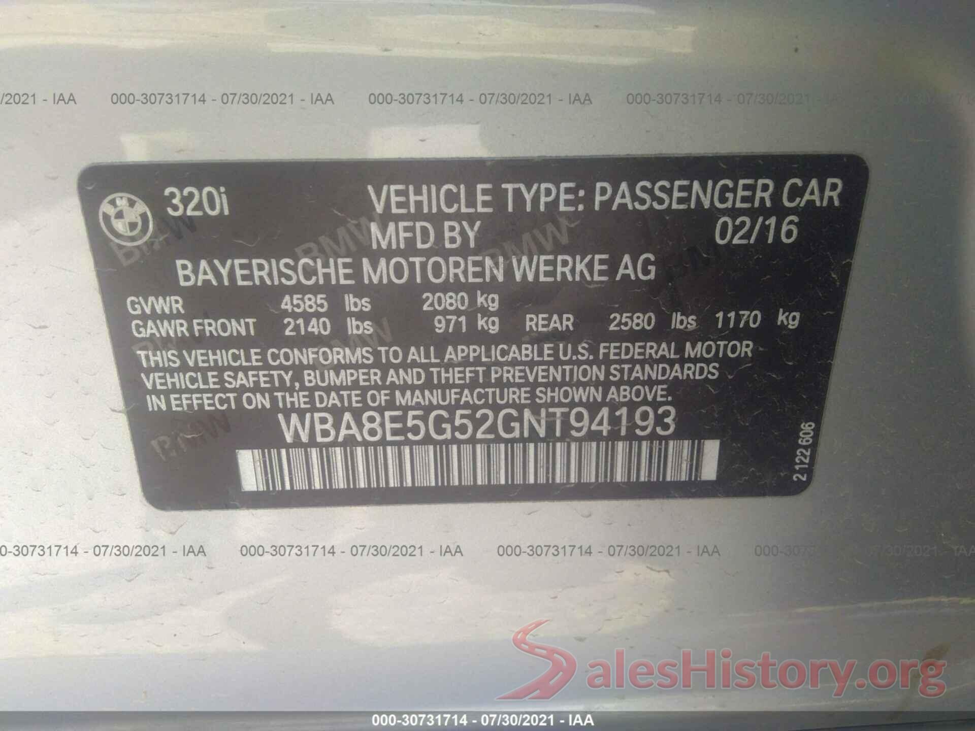 WBA8E5G52GNT94193 2016 BMW 3 SERIES