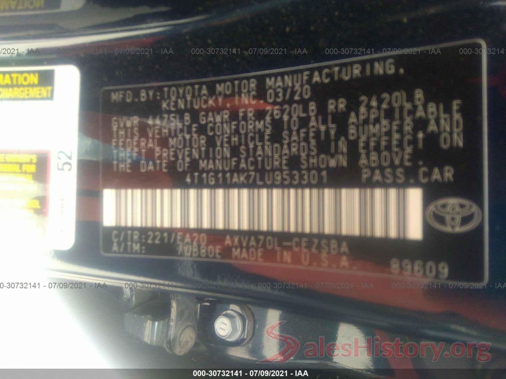 4T1G11AK7LU953301 2020 TOYOTA CAMRY