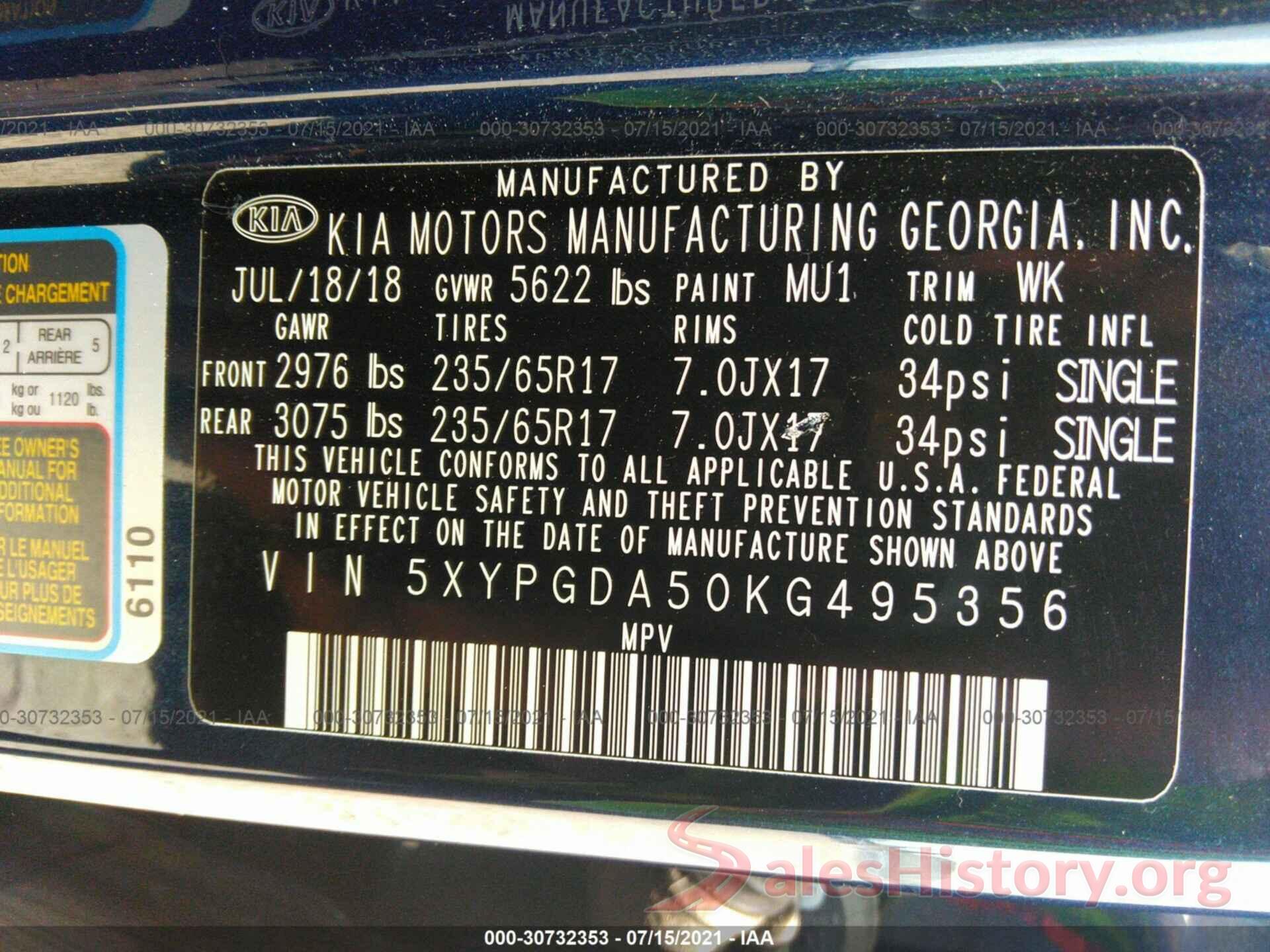 5XYPGDA50KG495356 2019 KIA SORENTO