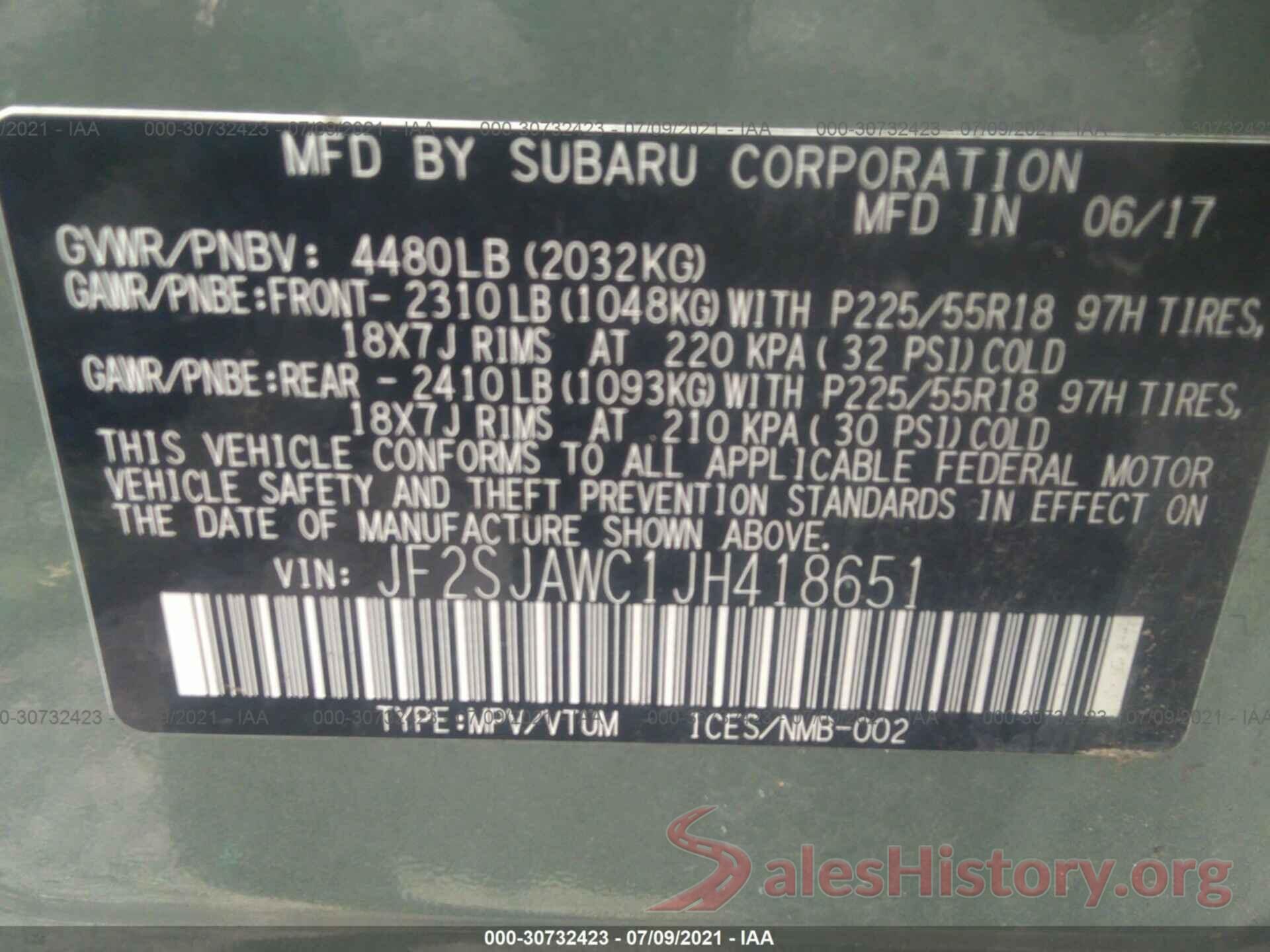 JF2SJAWC1JH418651 2018 SUBARU FORESTER