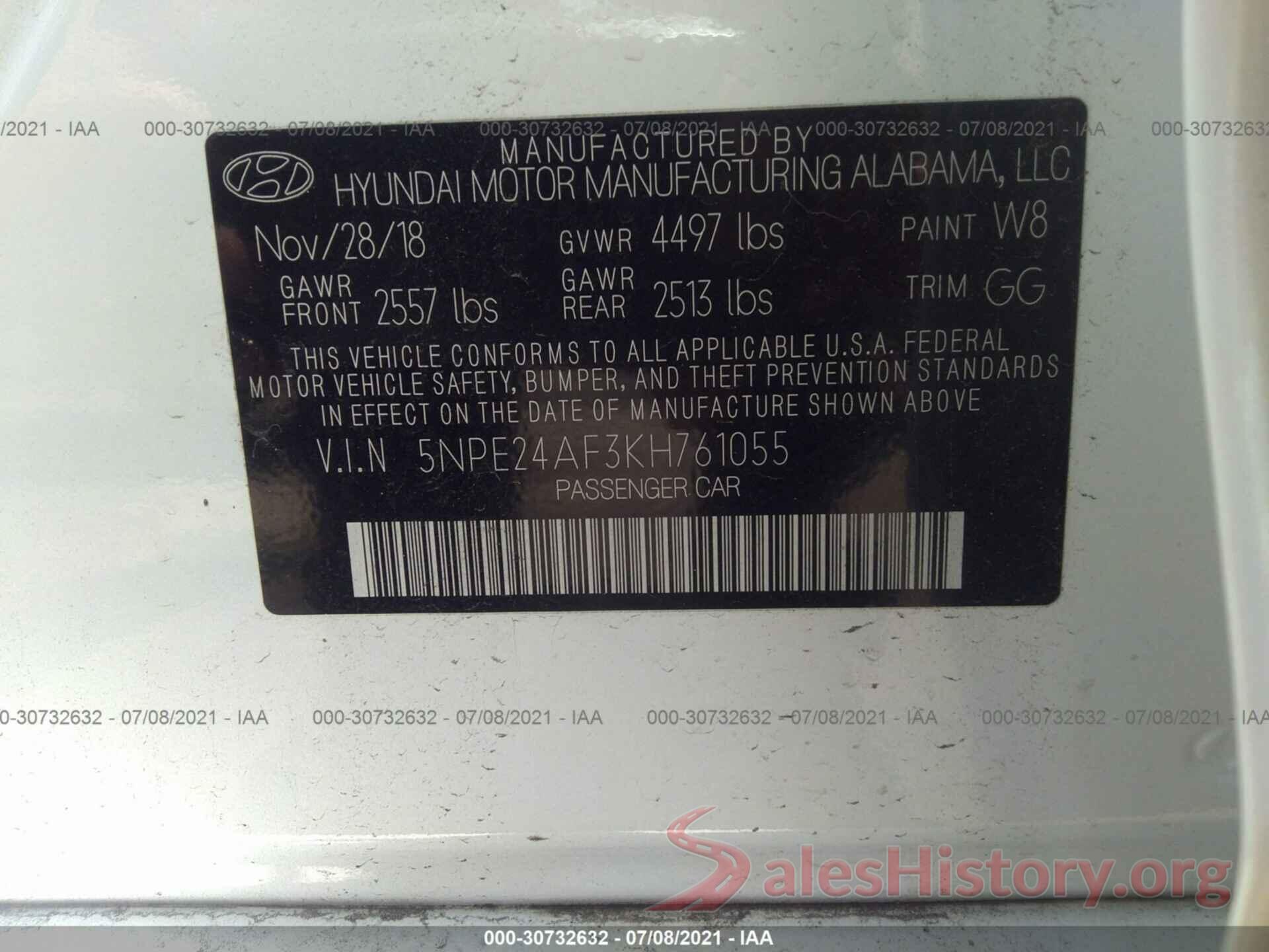 5NPE24AF3KH761055 2019 HYUNDAI SONATA