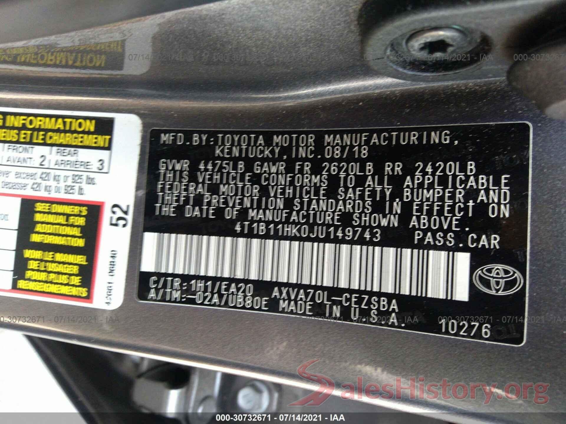 4T1B11HK0JU149743 2018 TOYOTA CAMRY