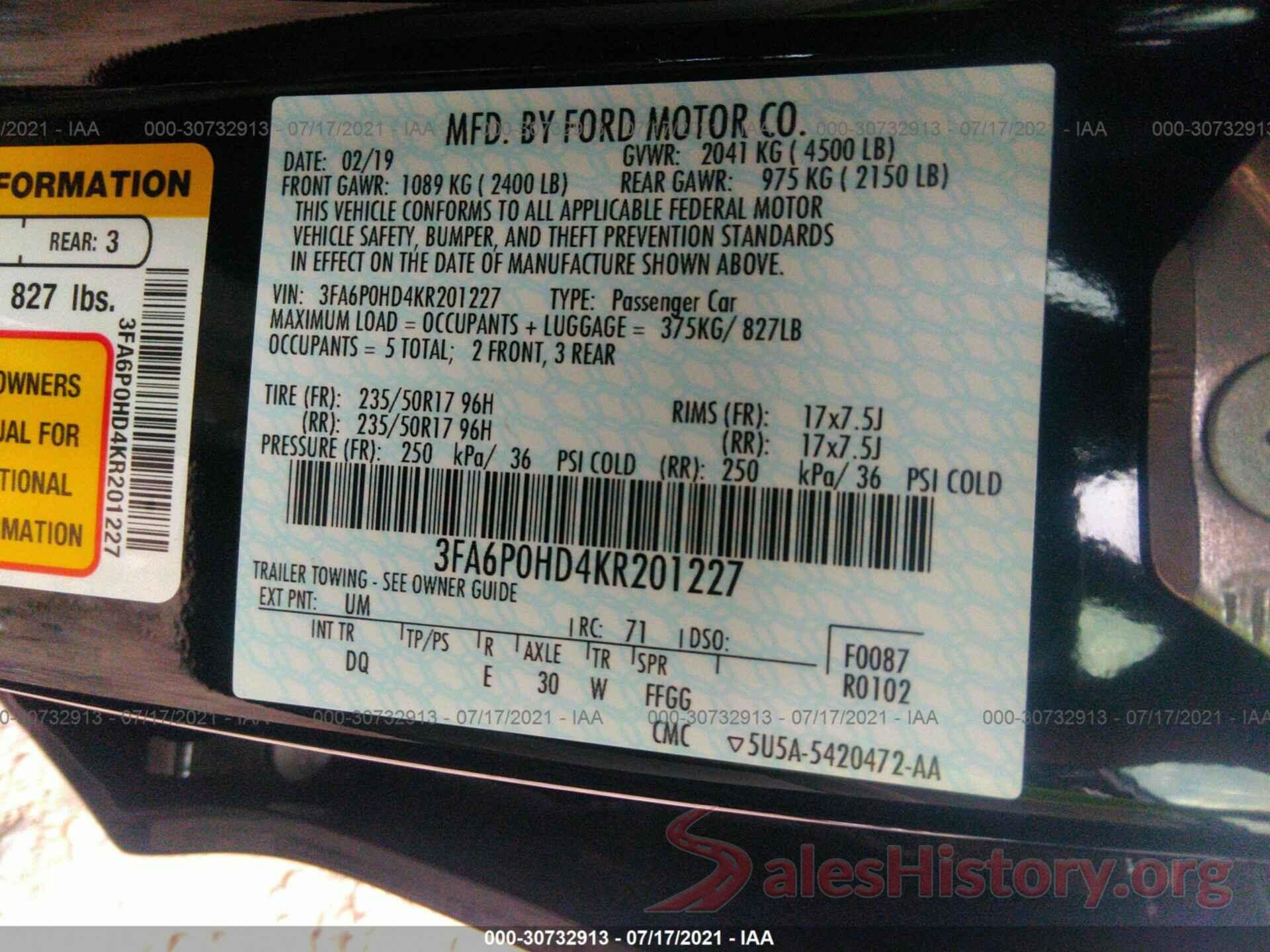 3FA6P0HD4KR201227 2019 FORD FUSION