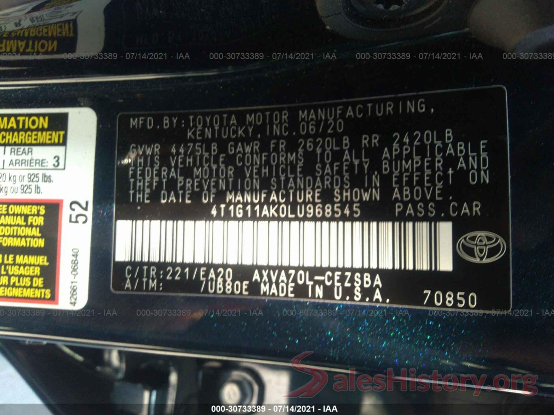 4T1G11AK0LU968545 2020 TOYOTA CAMRY