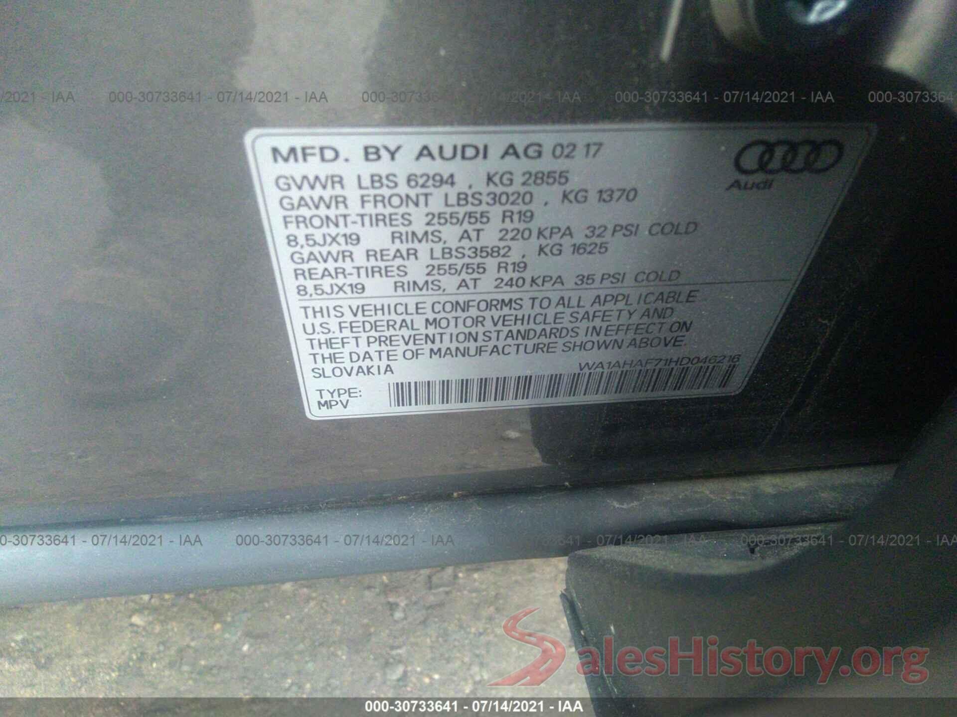 WA1AHAF71HD046216 2017 AUDI Q7