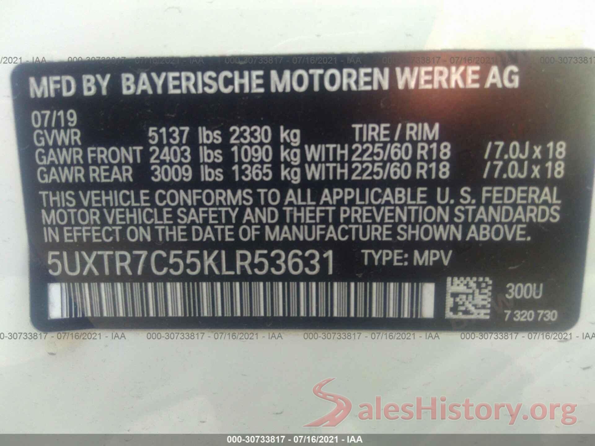 5UXTR7C55KLR53631 2019 BMW X3