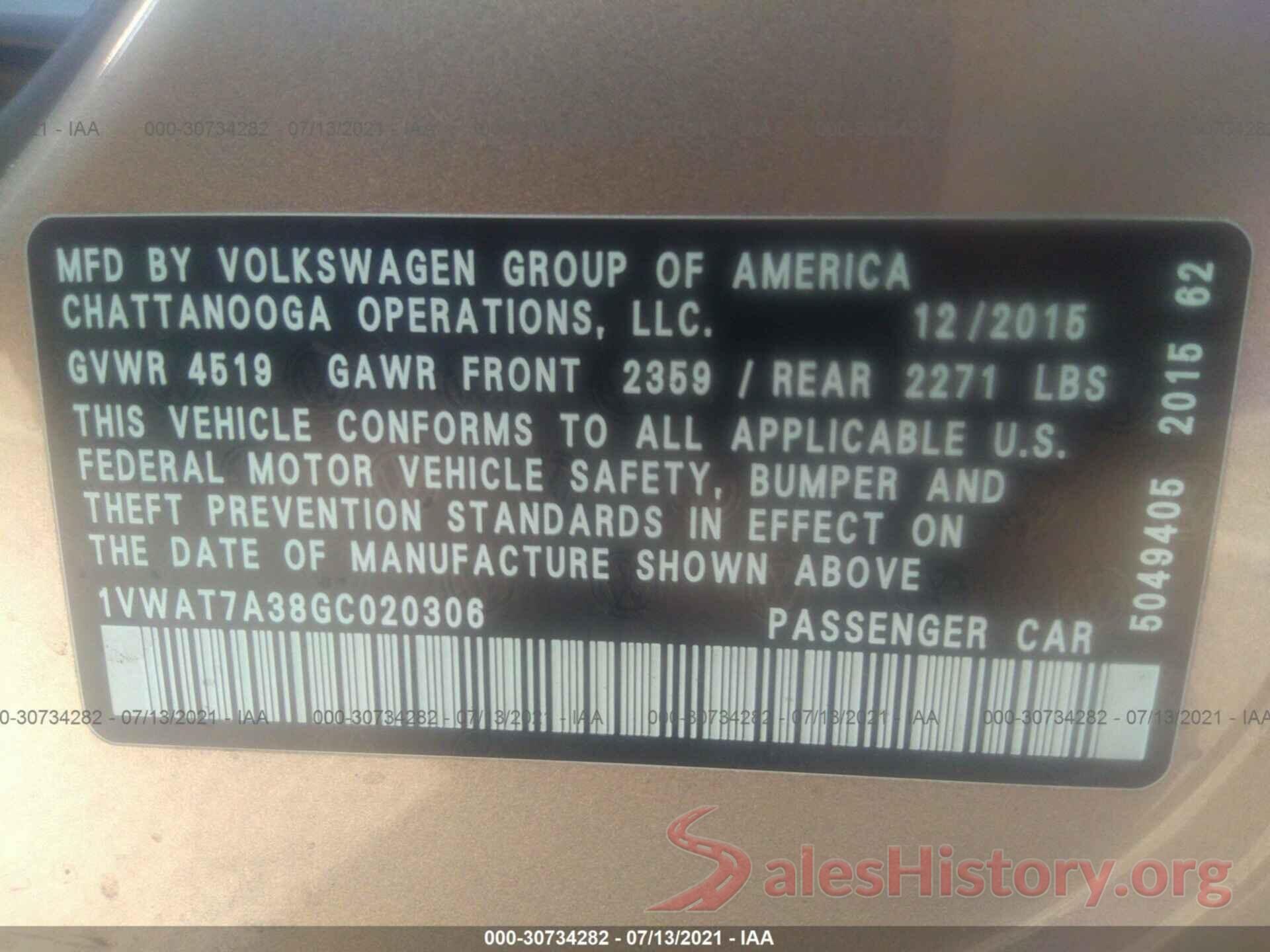 1VWAT7A38GC020306 2016 VOLKSWAGEN PASSAT