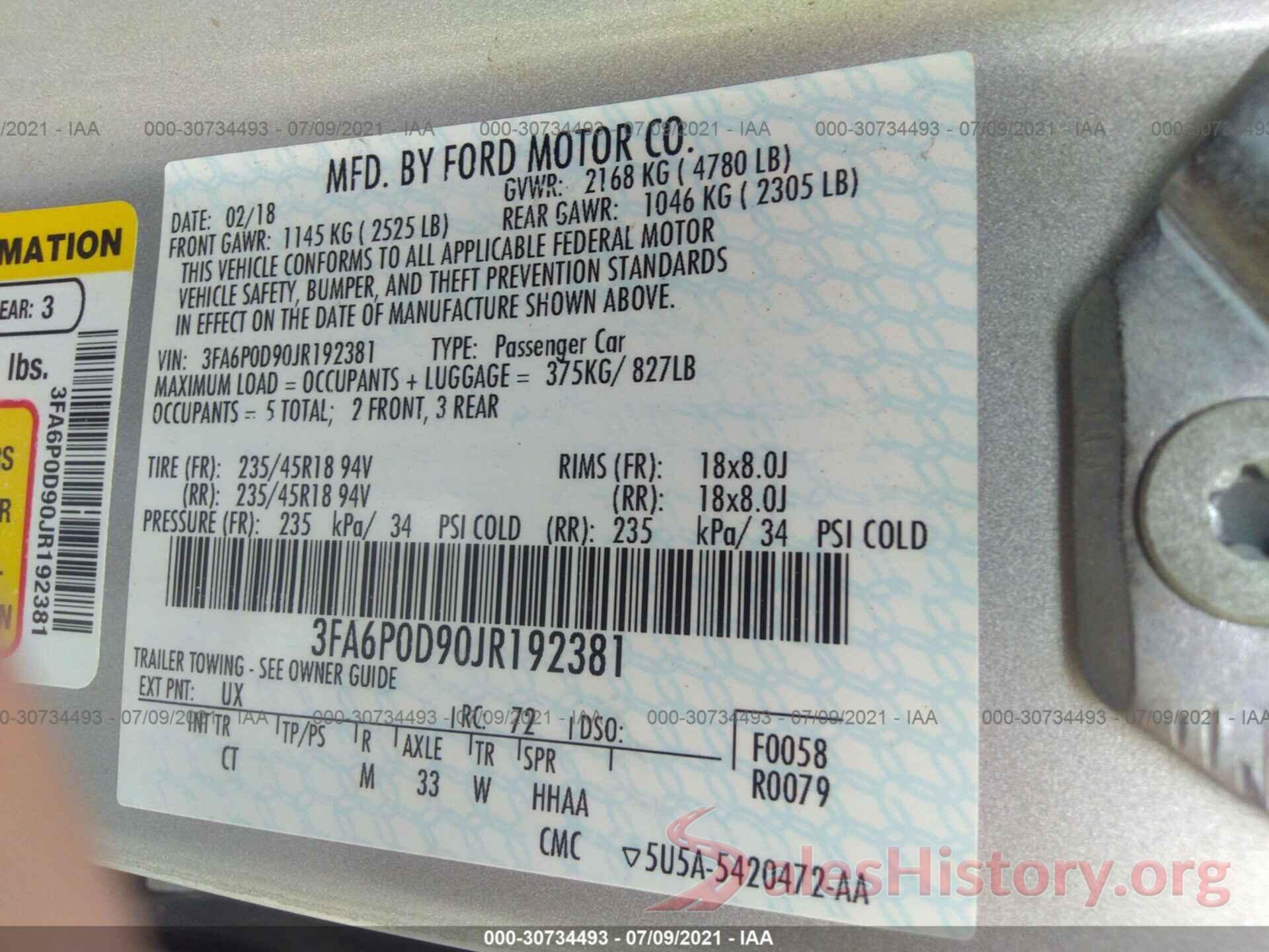 3FA6P0D90JR192381 2018 FORD FUSION