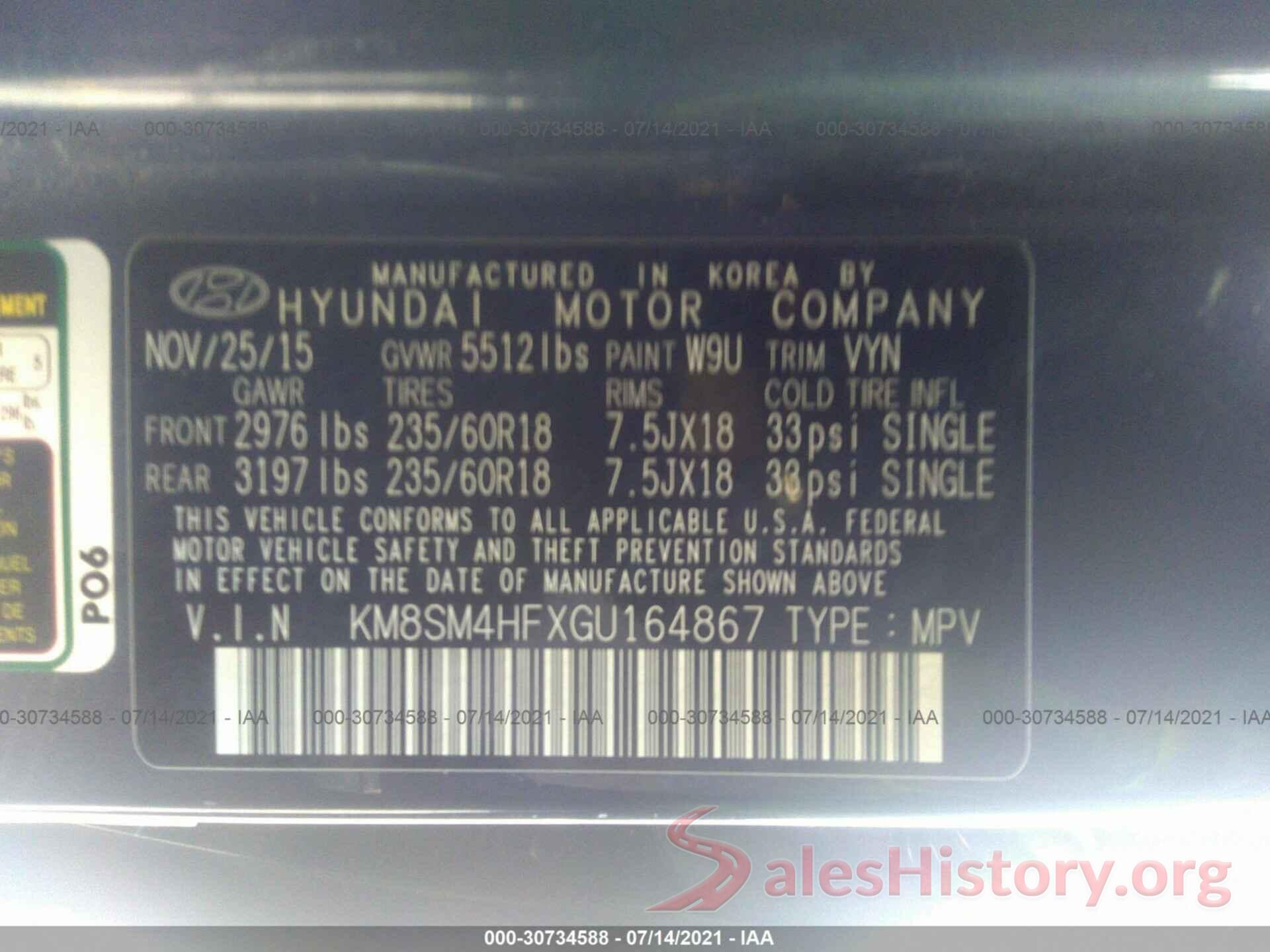 KM8SM4HFXGU164867 2016 HYUNDAI SANTA FE