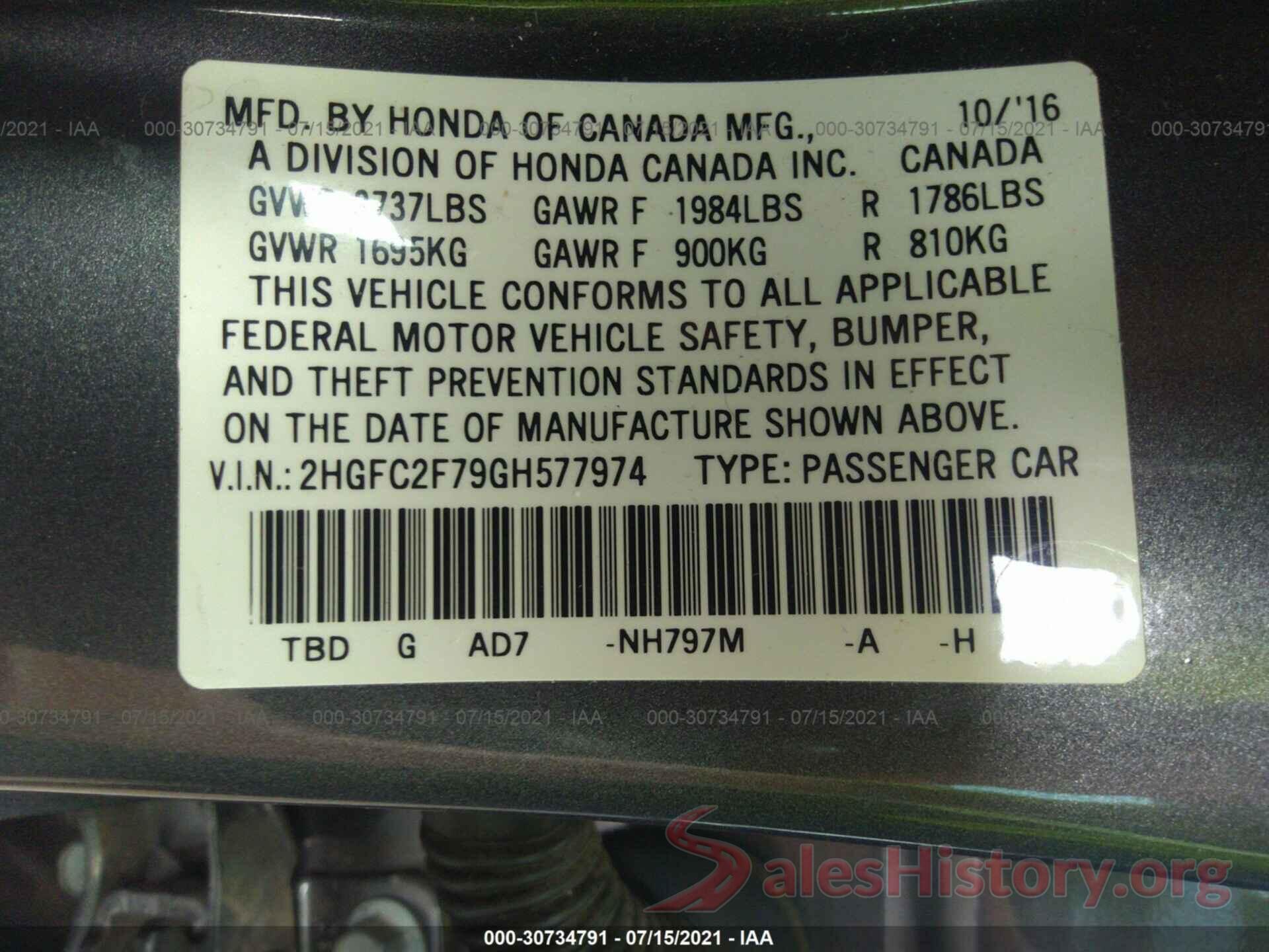 2HGFC2F79GH577974 2016 HONDA CIVIC SEDAN