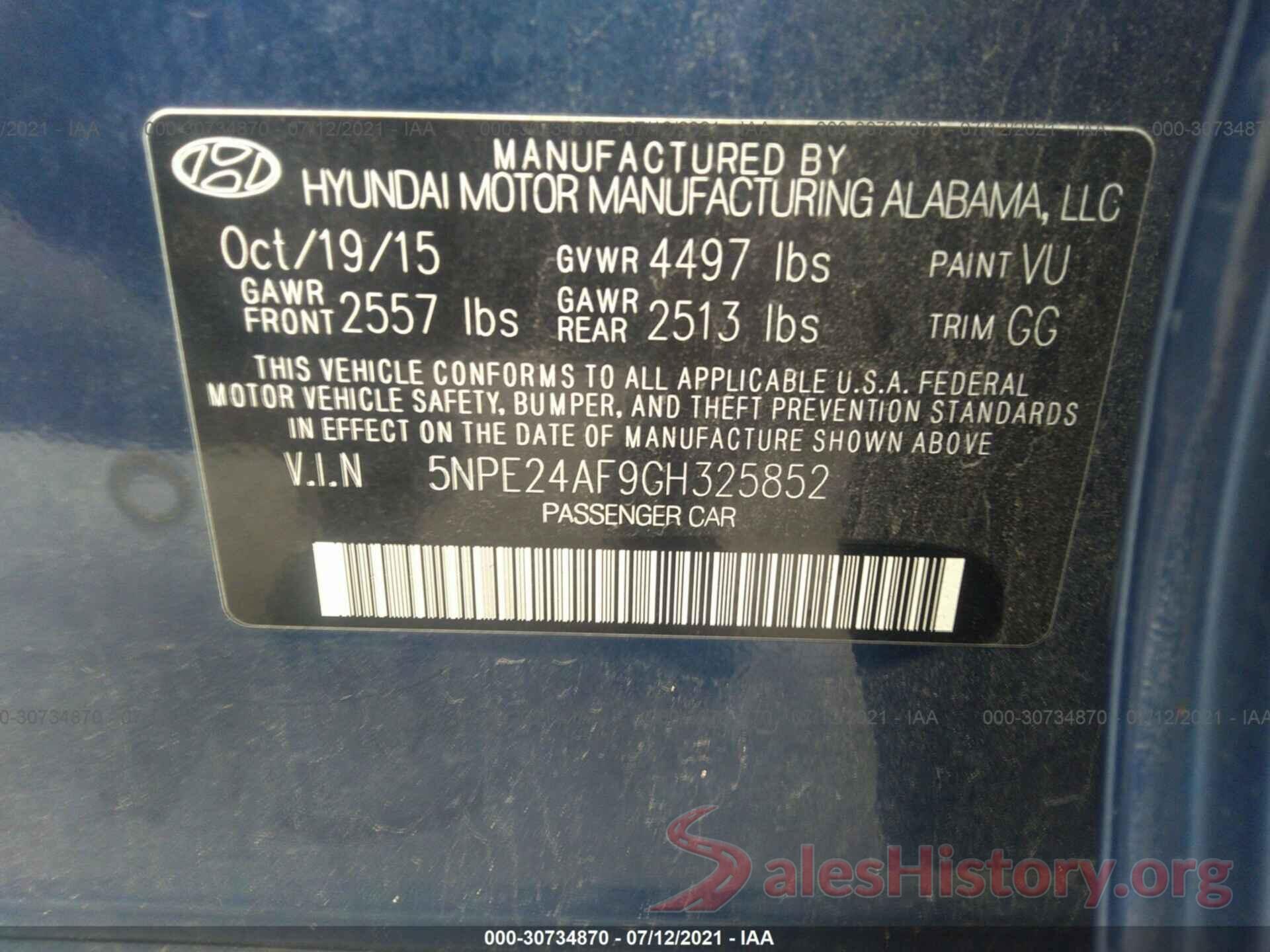 5NPE24AF9GH325852 2016 HYUNDAI SONATA