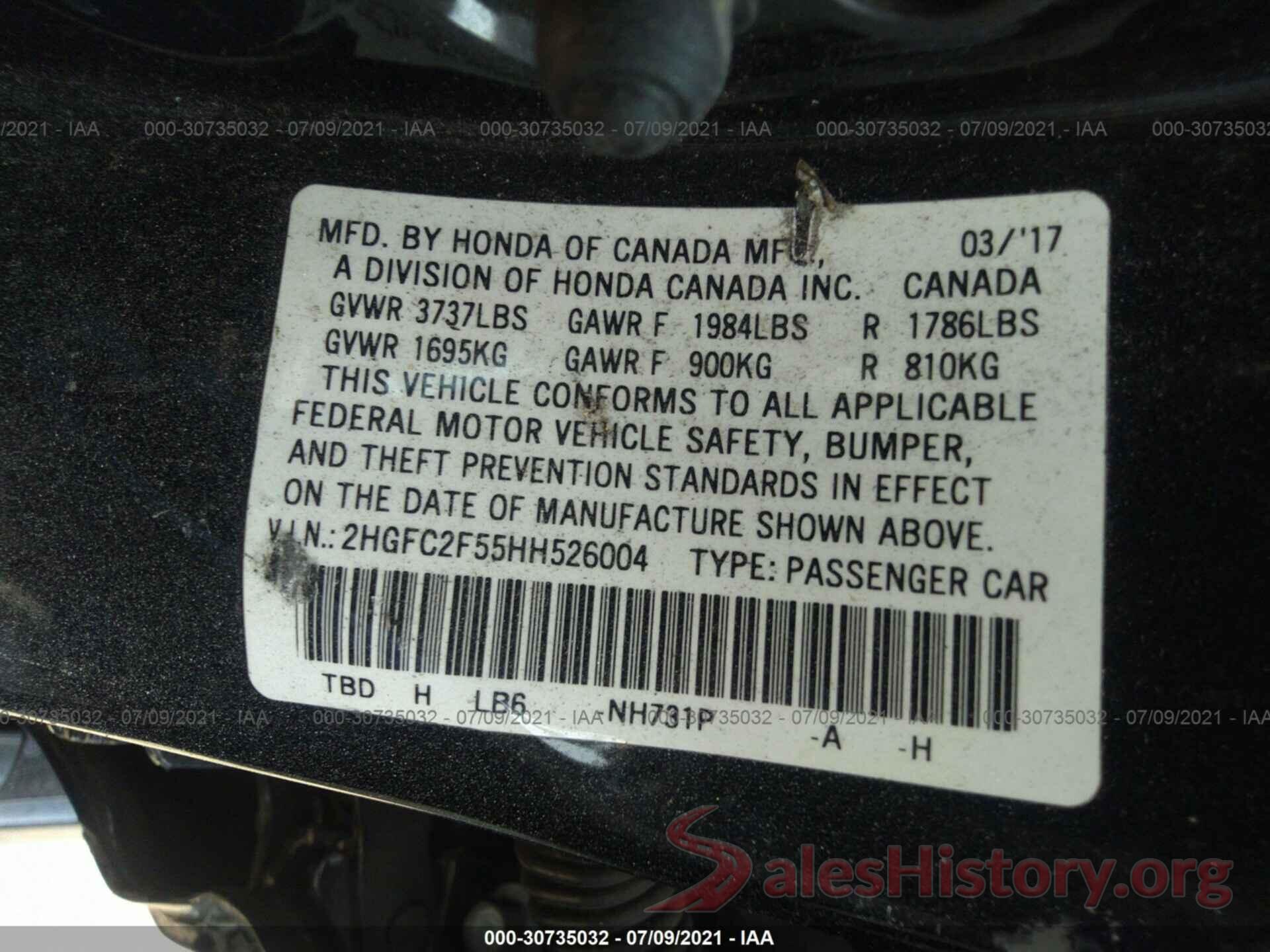 2HGFC2F55HH526004 2017 HONDA CIVIC SEDAN