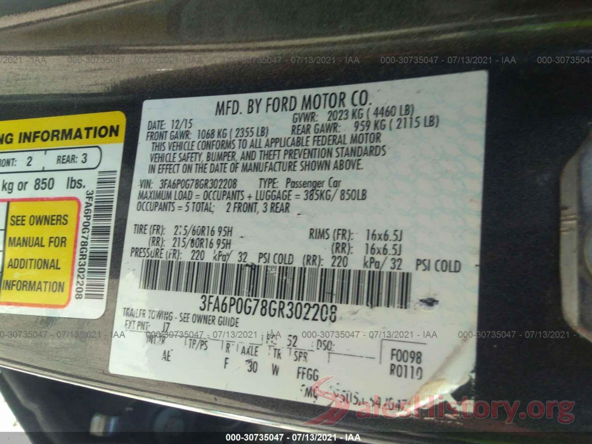 3FA6P0G78GR302208 2016 FORD FUSION