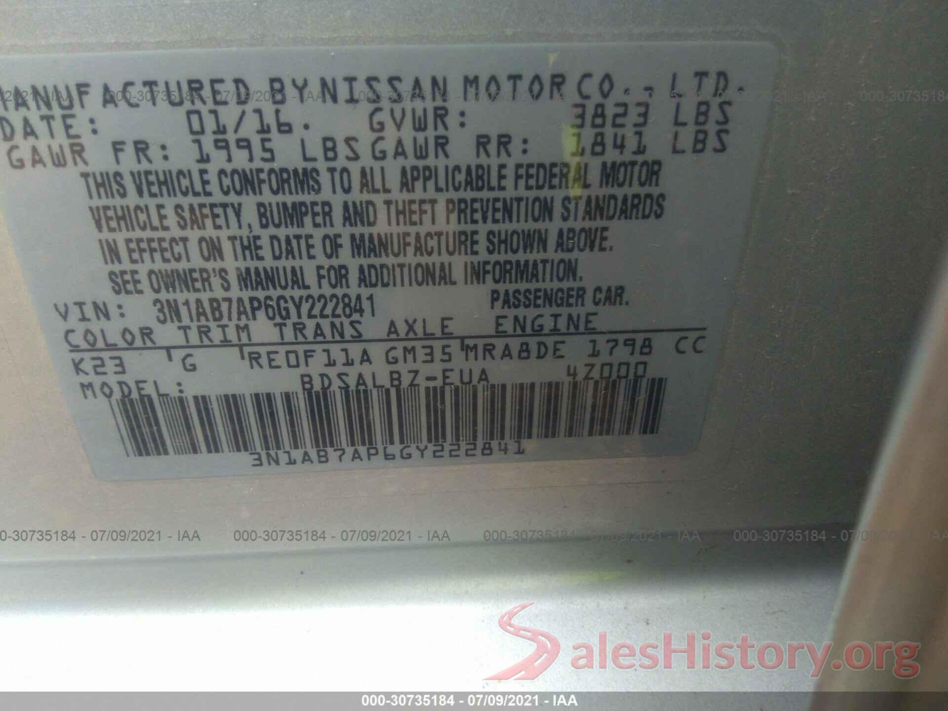 3N1AB7AP6GY222841 2016 NISSAN SENTRA