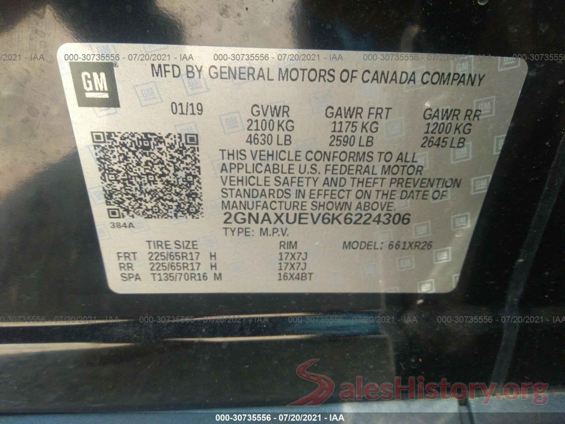 2GNAXUEV6K6224306 2019 CHEVROLET EQUINOX