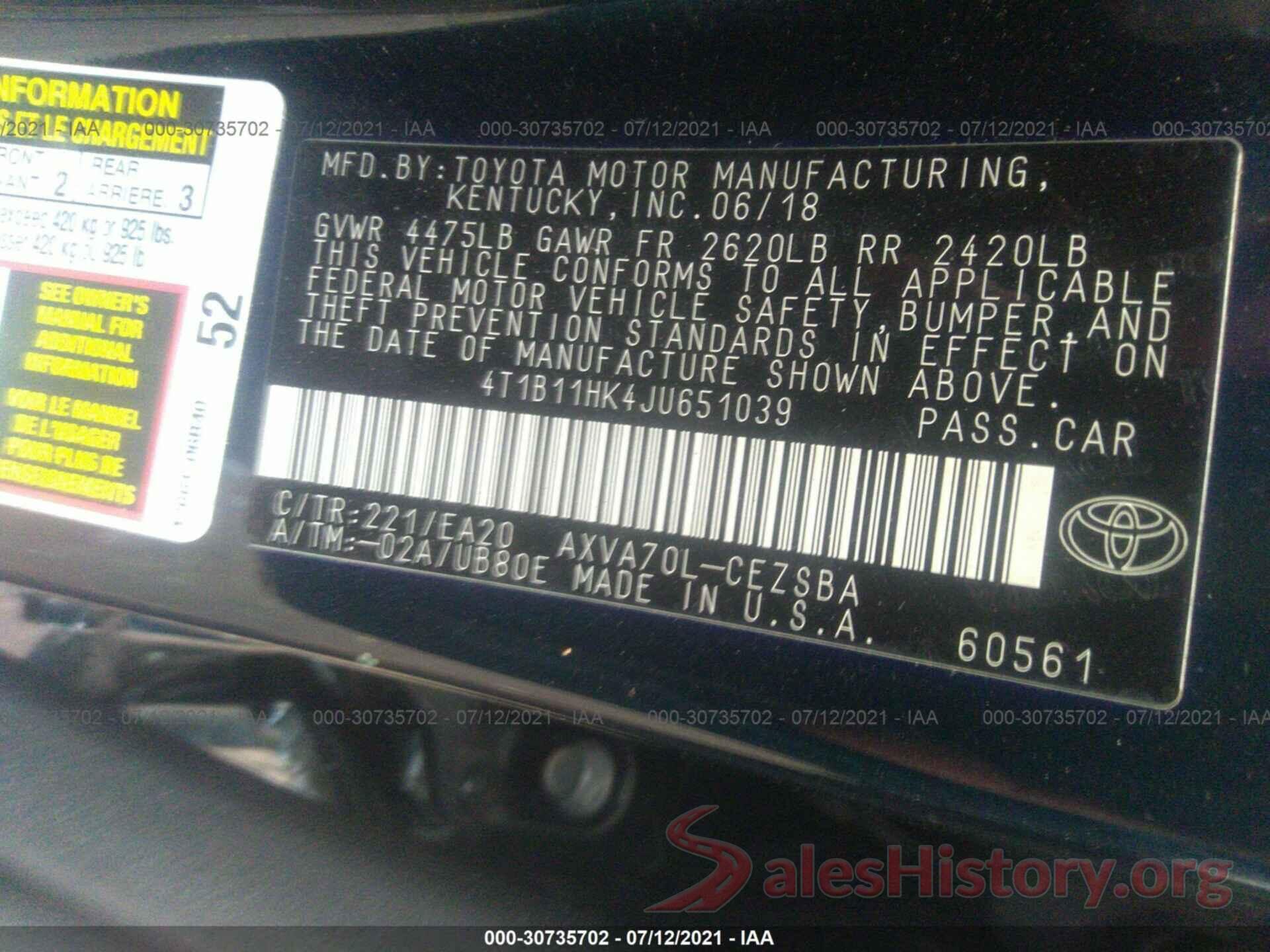 4T1B11HK4JU651039 2018 TOYOTA CAMRY