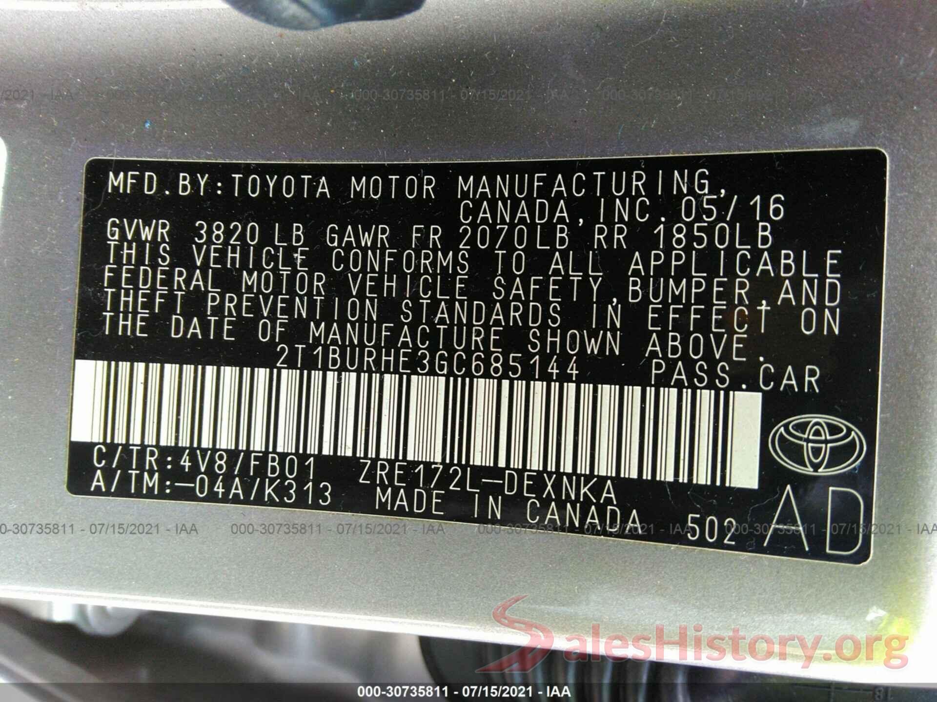 2T1BURHE3GC685144 2016 TOYOTA COROLLA