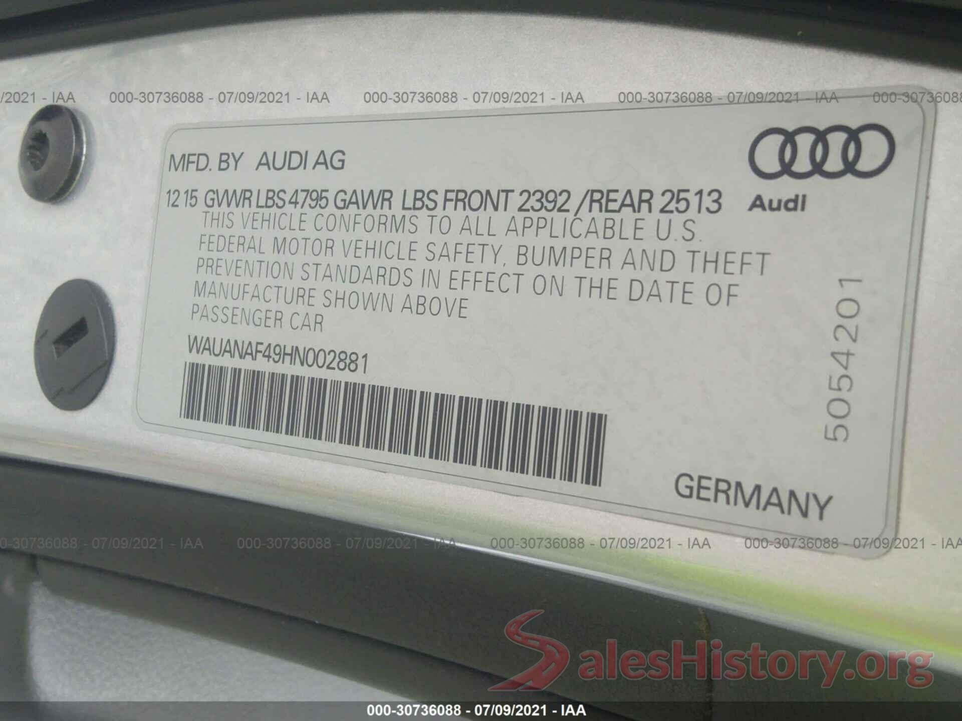 WAUANAF49HN002881 2017 AUDI A4